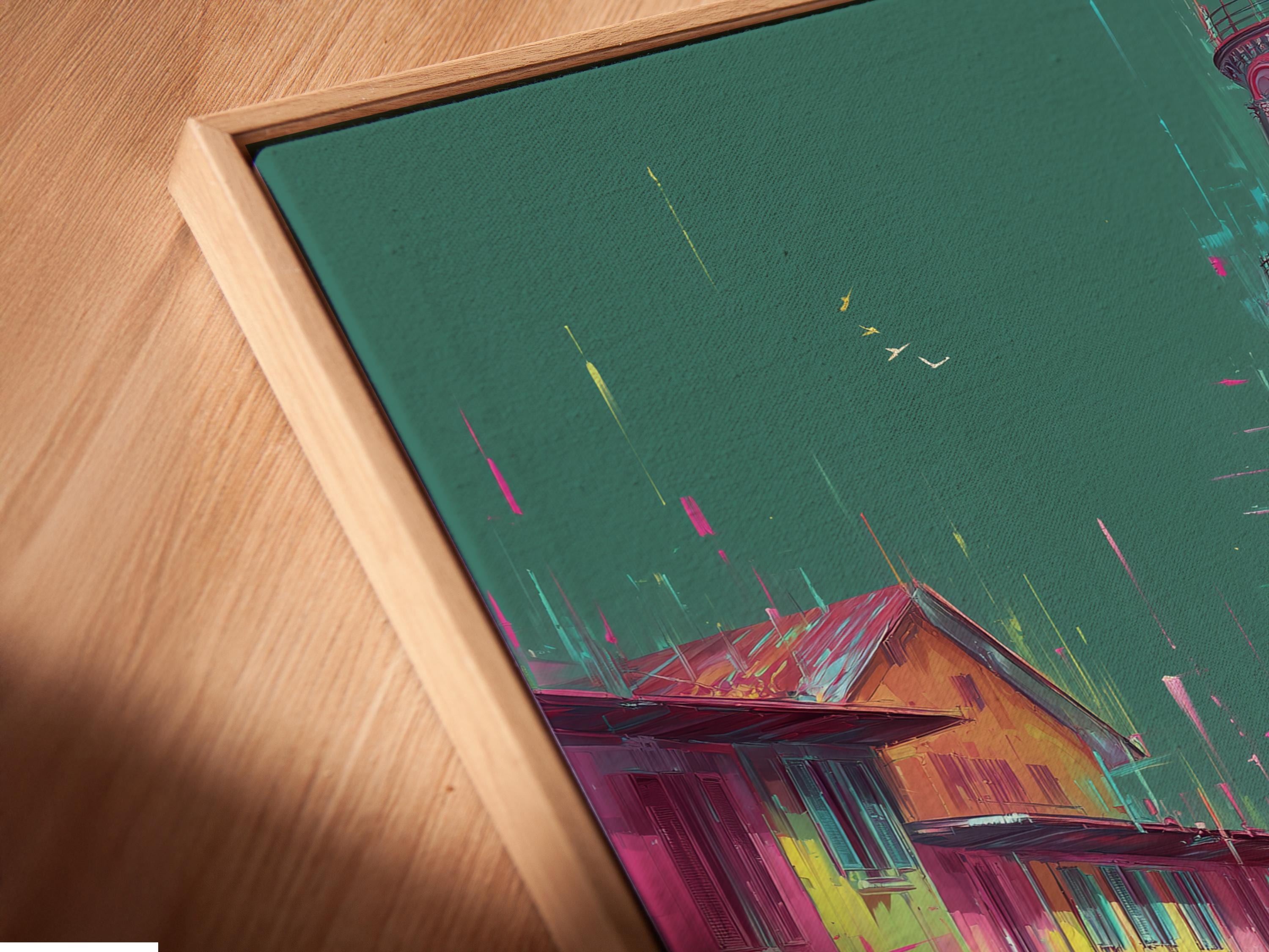 Stylised tall tower and city street in teal, pink, yellow and cyan detail view