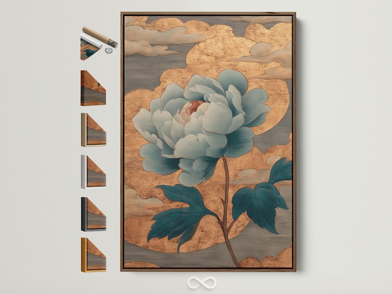 Teal and gold floral artwork with layered petals and leaves on a textured gold background