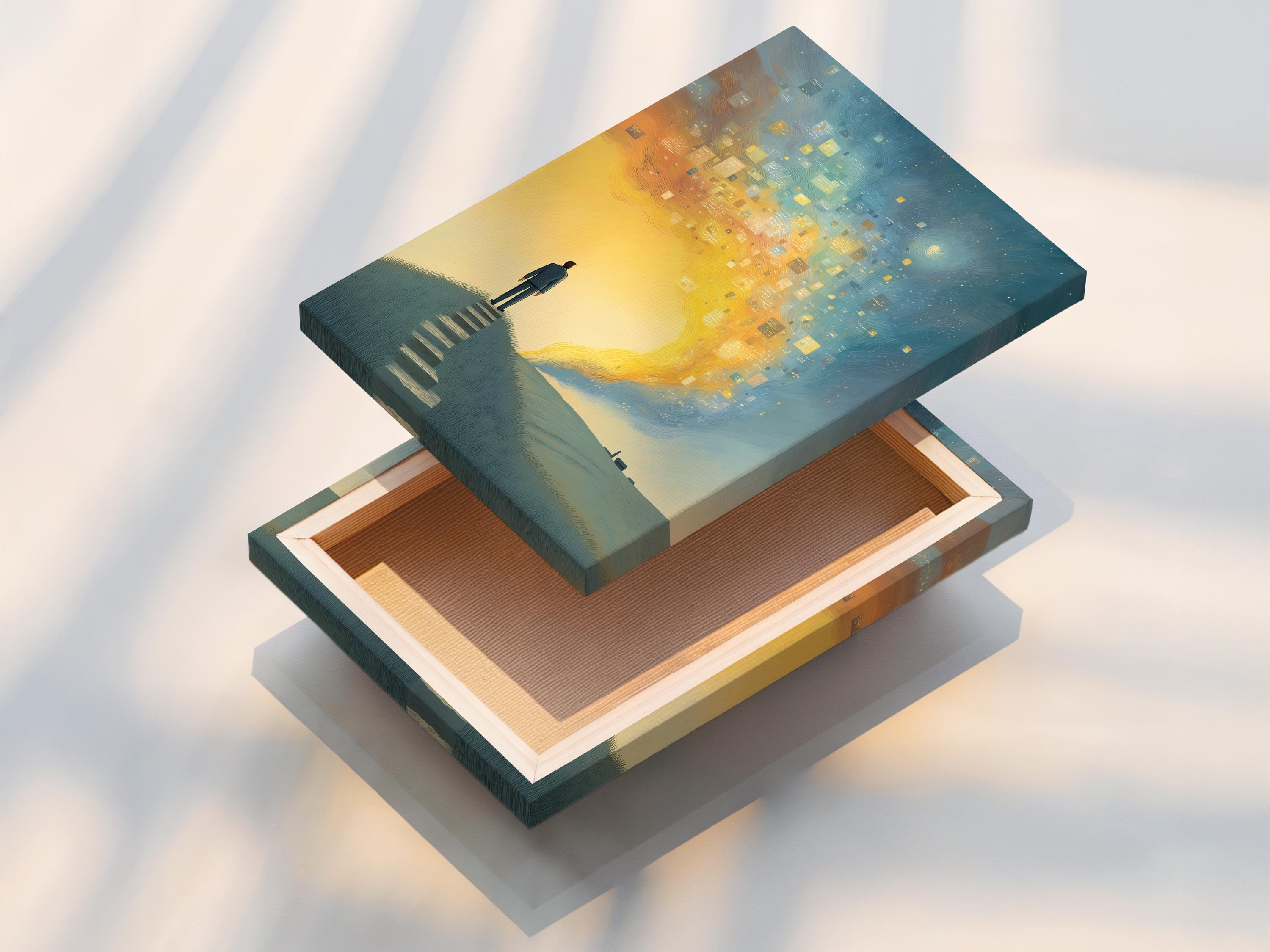 Wall mockup showing framed blue and gold surreal steps artwork
