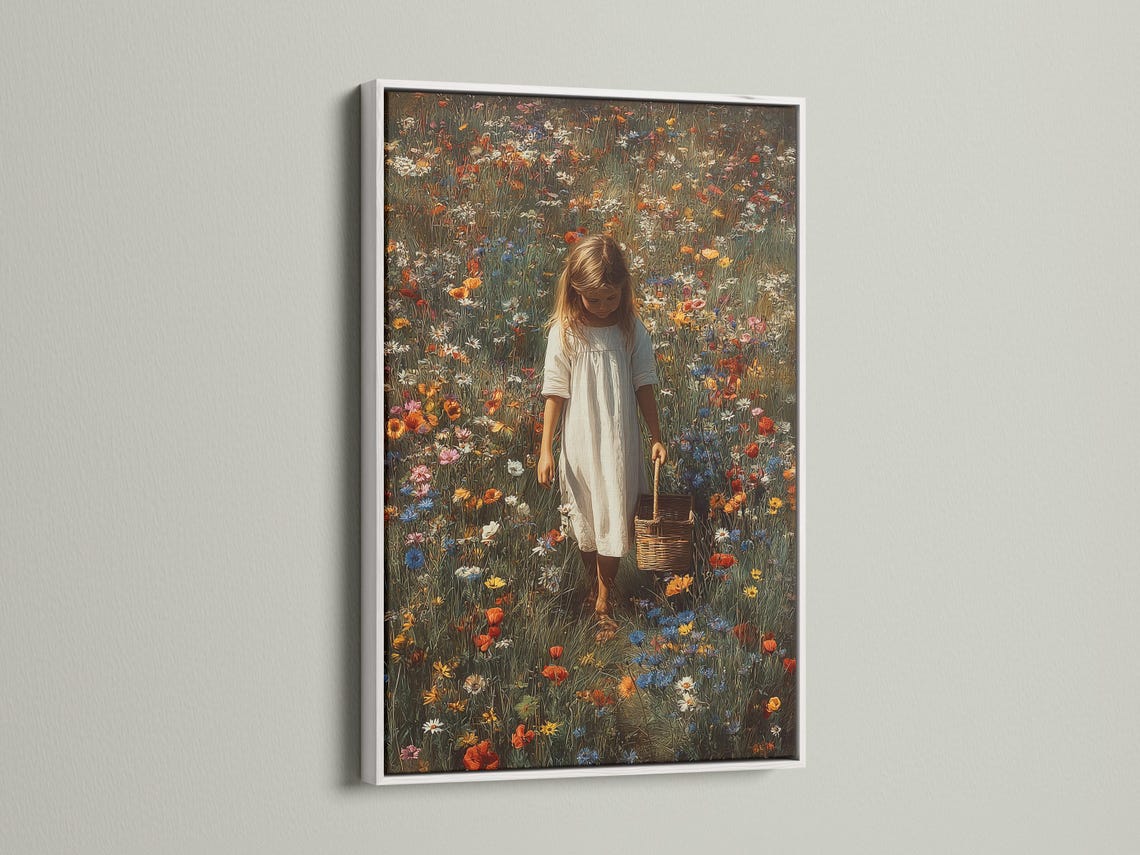 Painterly wildflower meadow scene with a young girl holding a basket and wearing a light dress detail view