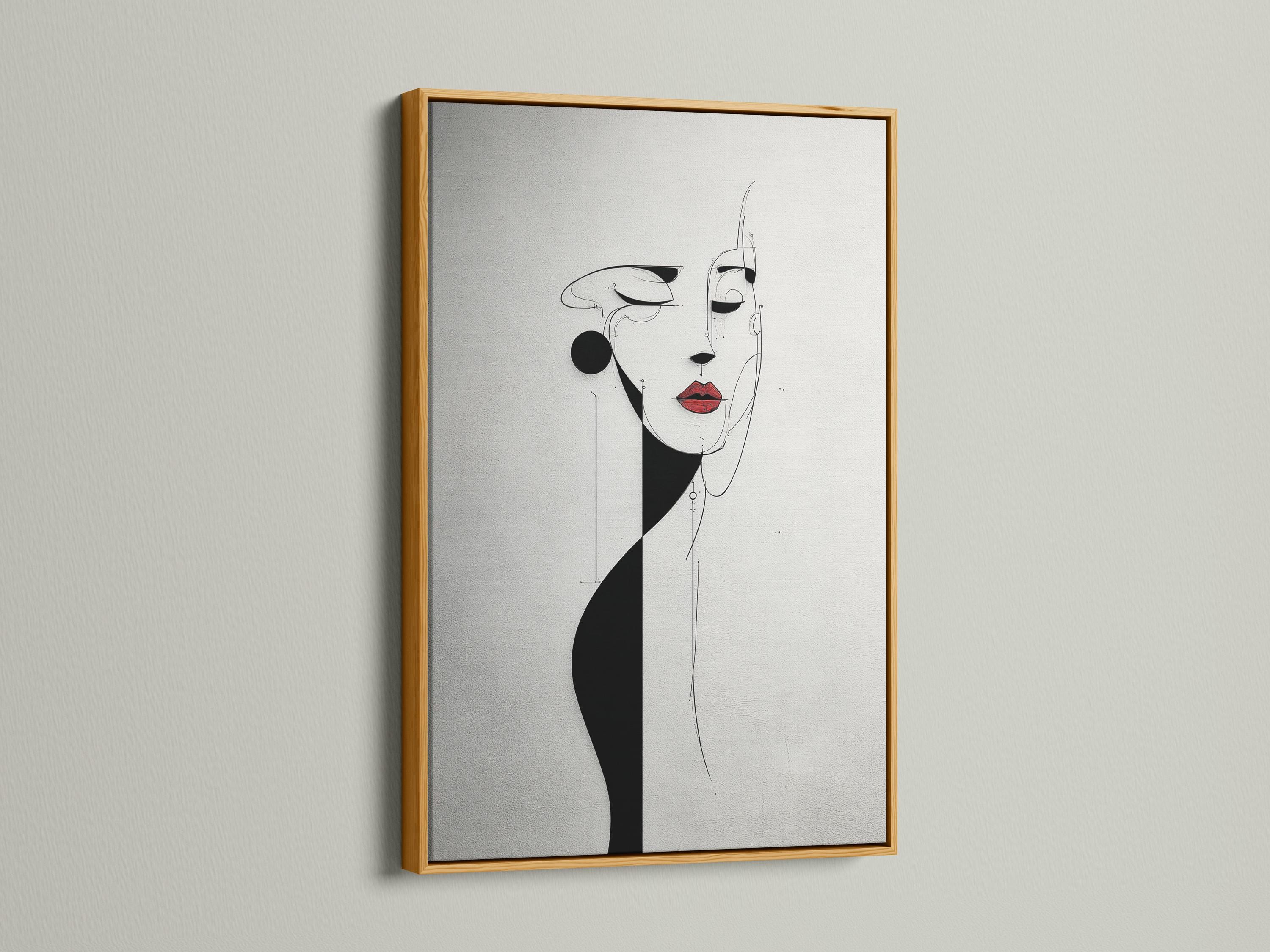Minimalist black and white line-art woman face with red lips accent detail view