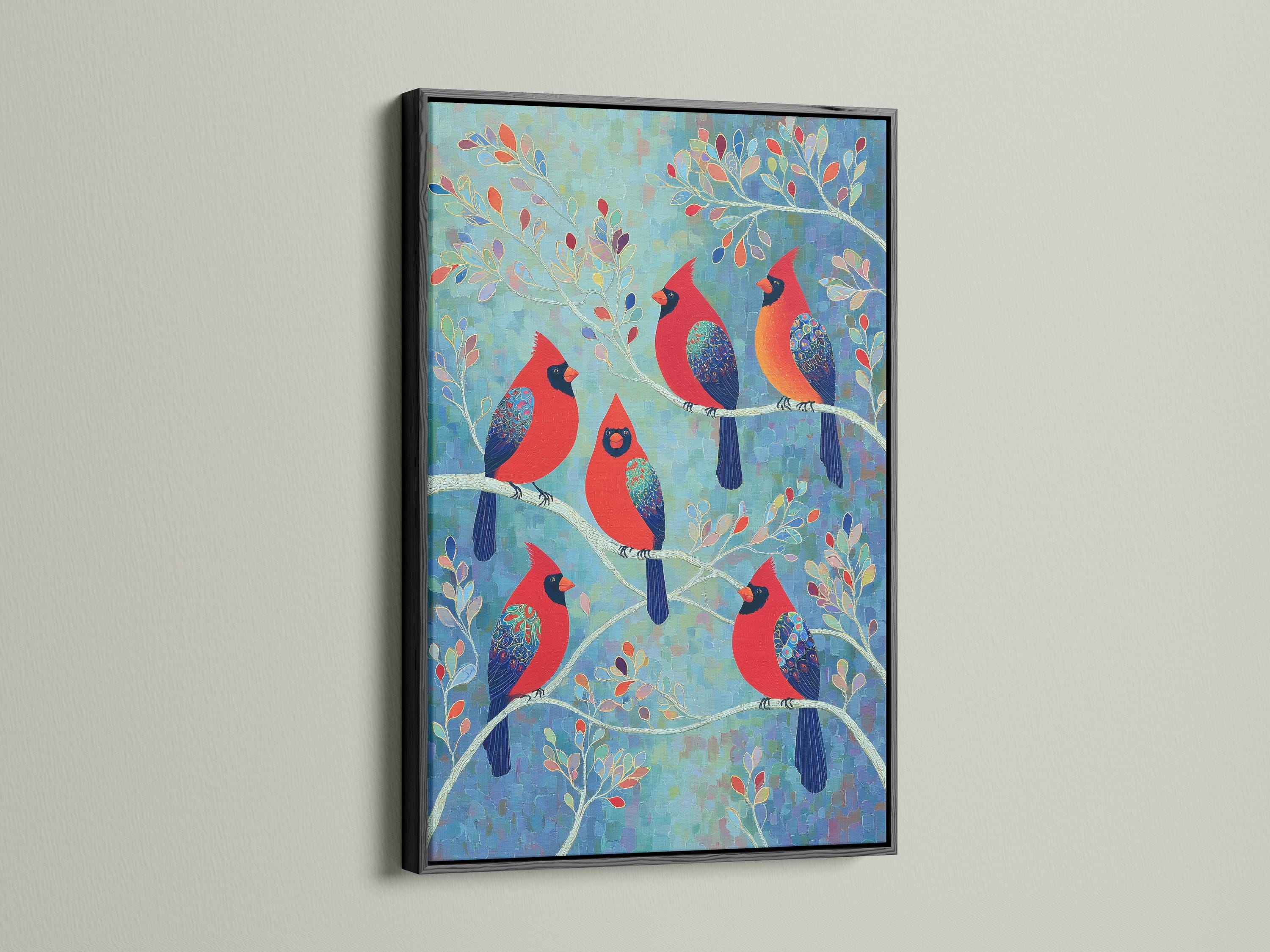 Portrait wildlife artwork with red cardinals perched on branches against a teal blue background detail view