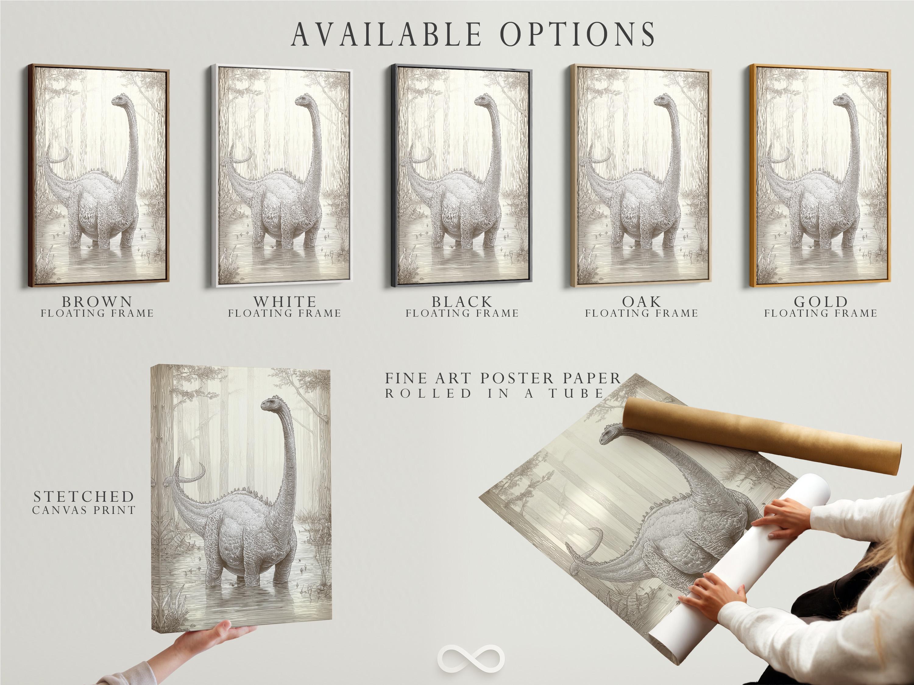 Neutral brontosaurus dinosaur sketch with a forest background in beige and charcoal grey linework detail view