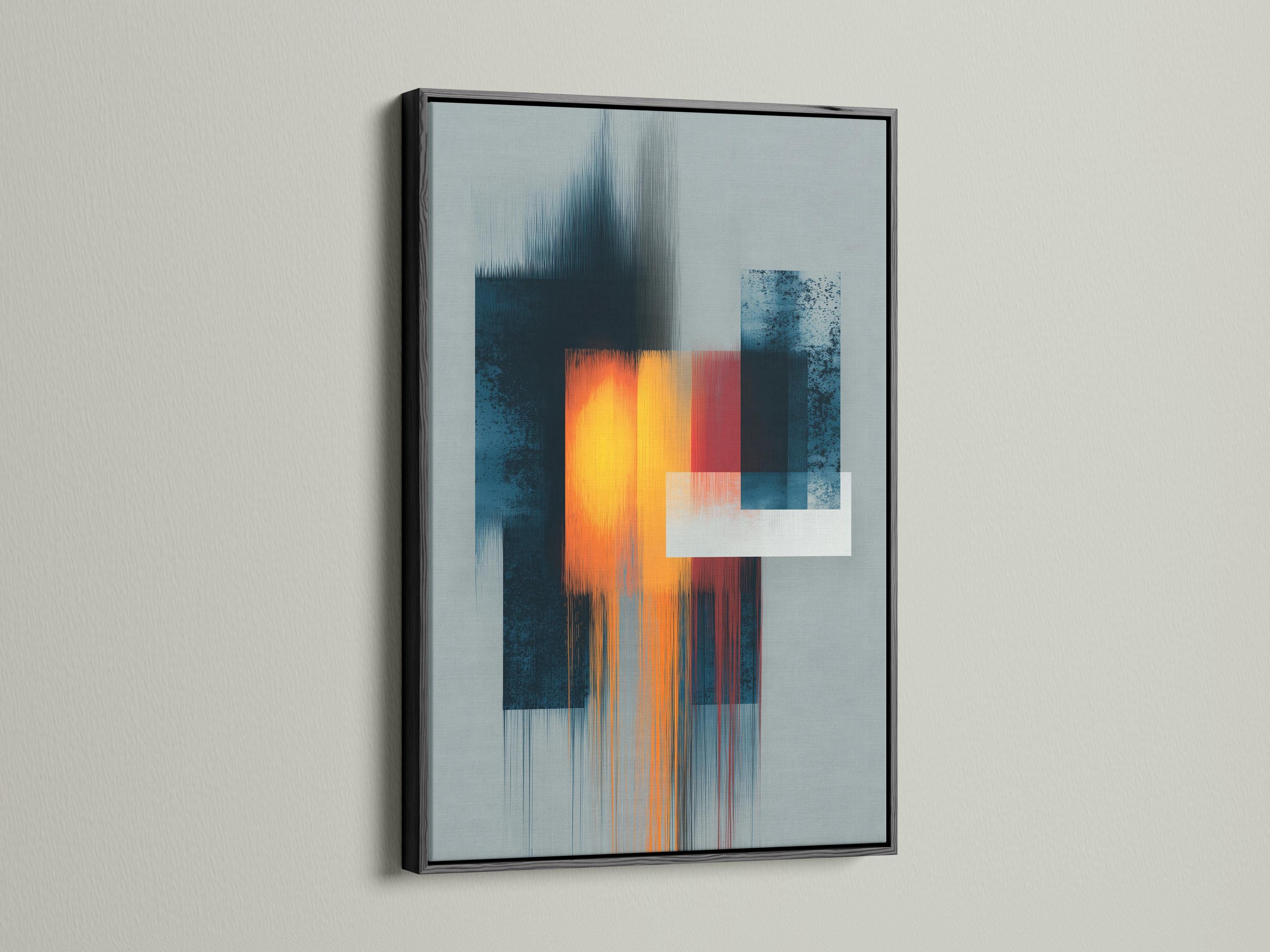 Geometric abstract artwork with teal and grey blocks and a glowing orange-yellow square detail view