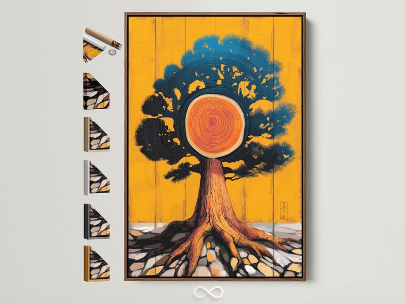 Stylised tree trunk and concentric tree rings with teal wave-like canopy on a gold background