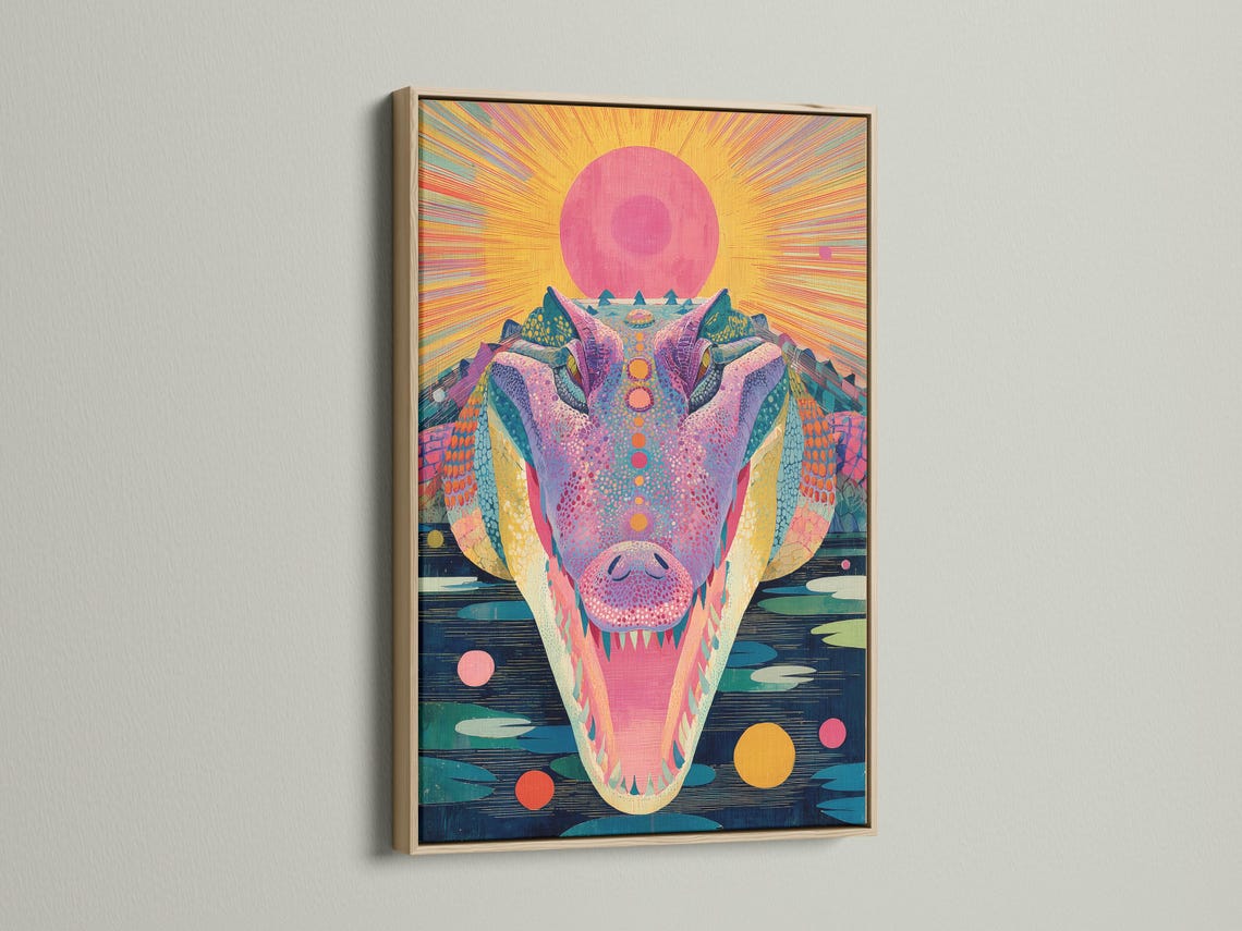 Stylised alligator portrait with a large pink sunburst, bright pink and teal scales, and dark blue water strokes detail view