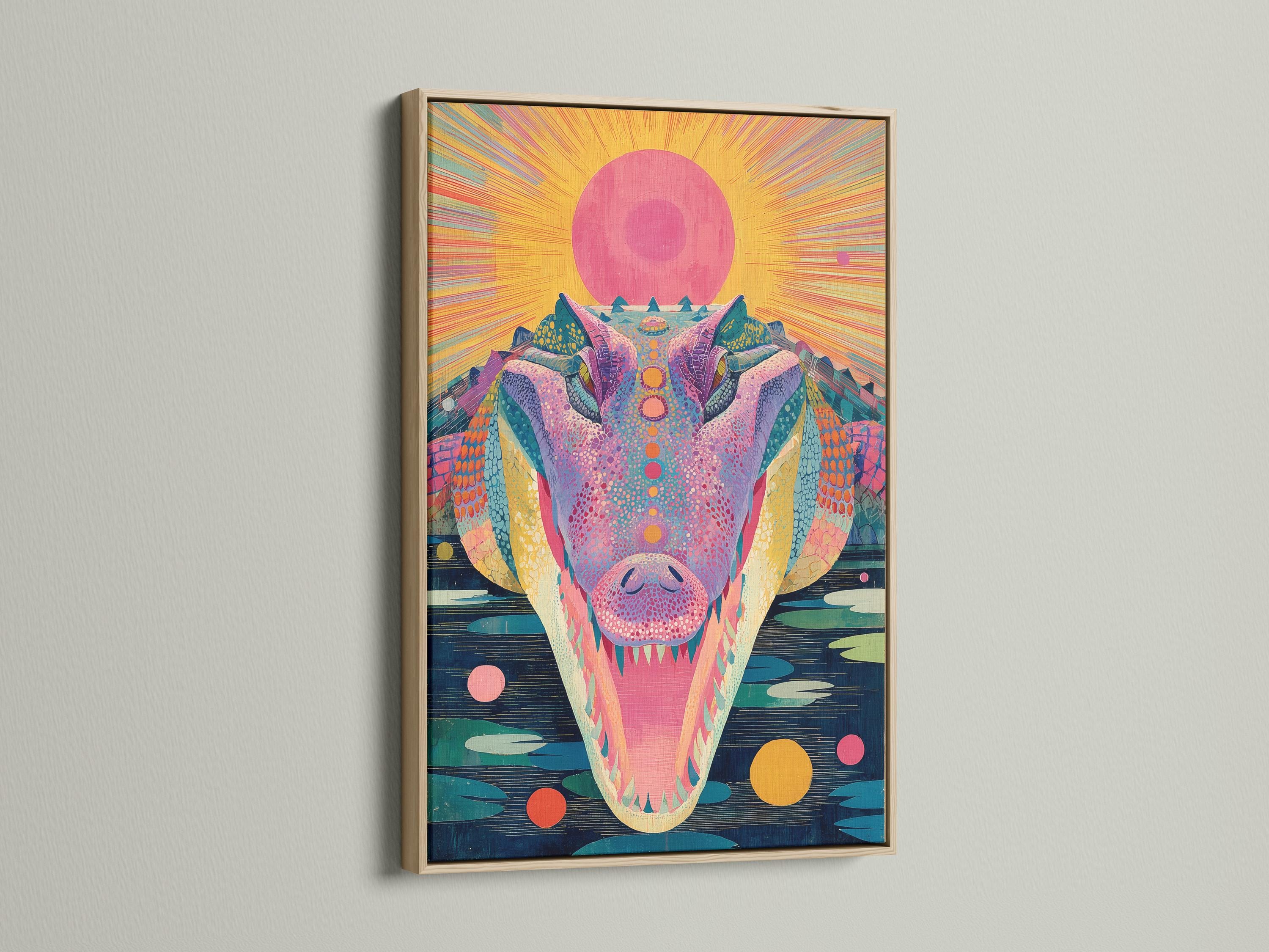 Stylised alligator portrait with a large pink sunburst, bright pink and teal scales, and dark blue water strokes detail view