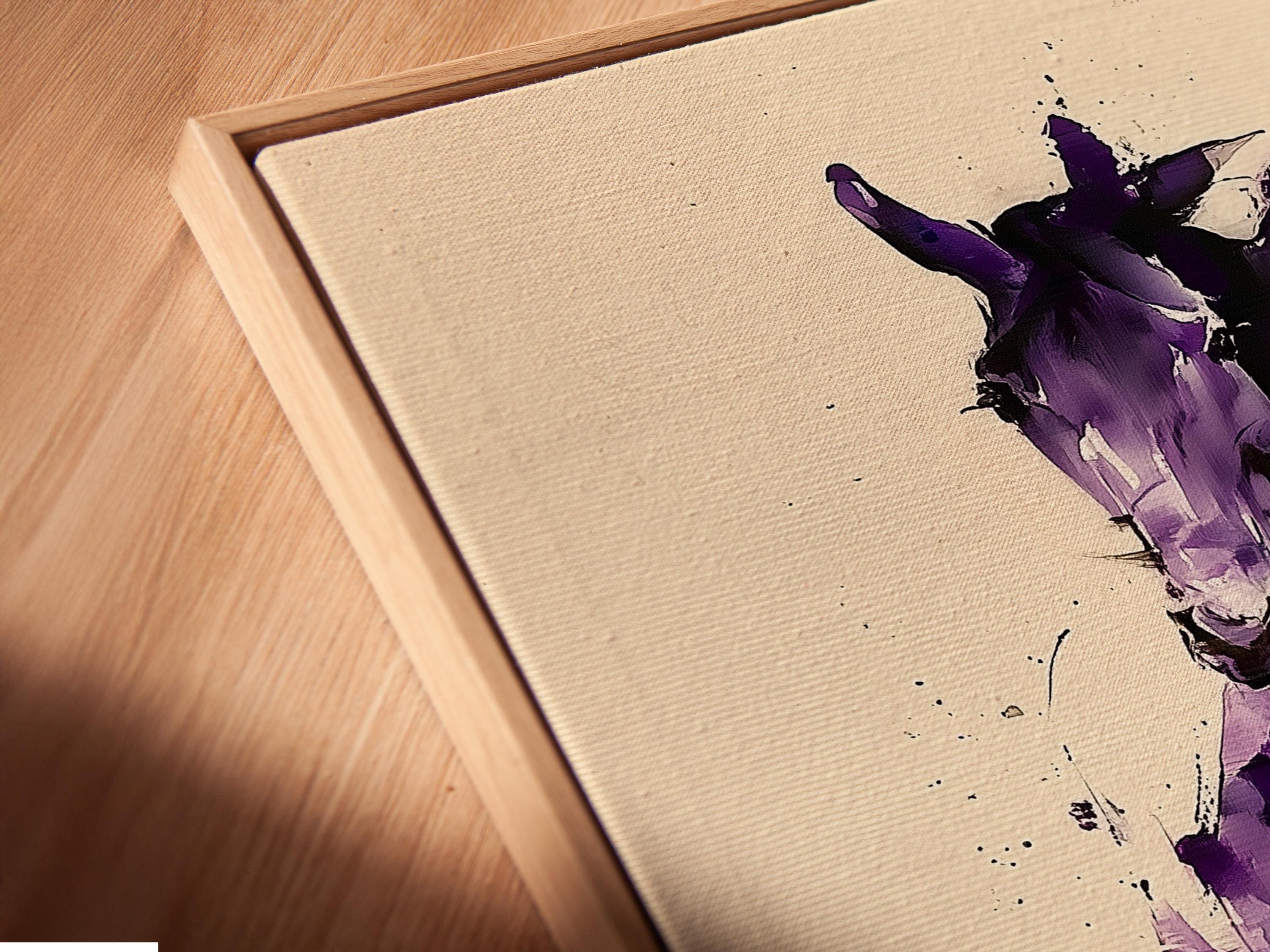 Abstract purple horse illustration with splatter marks on a cream background detail view