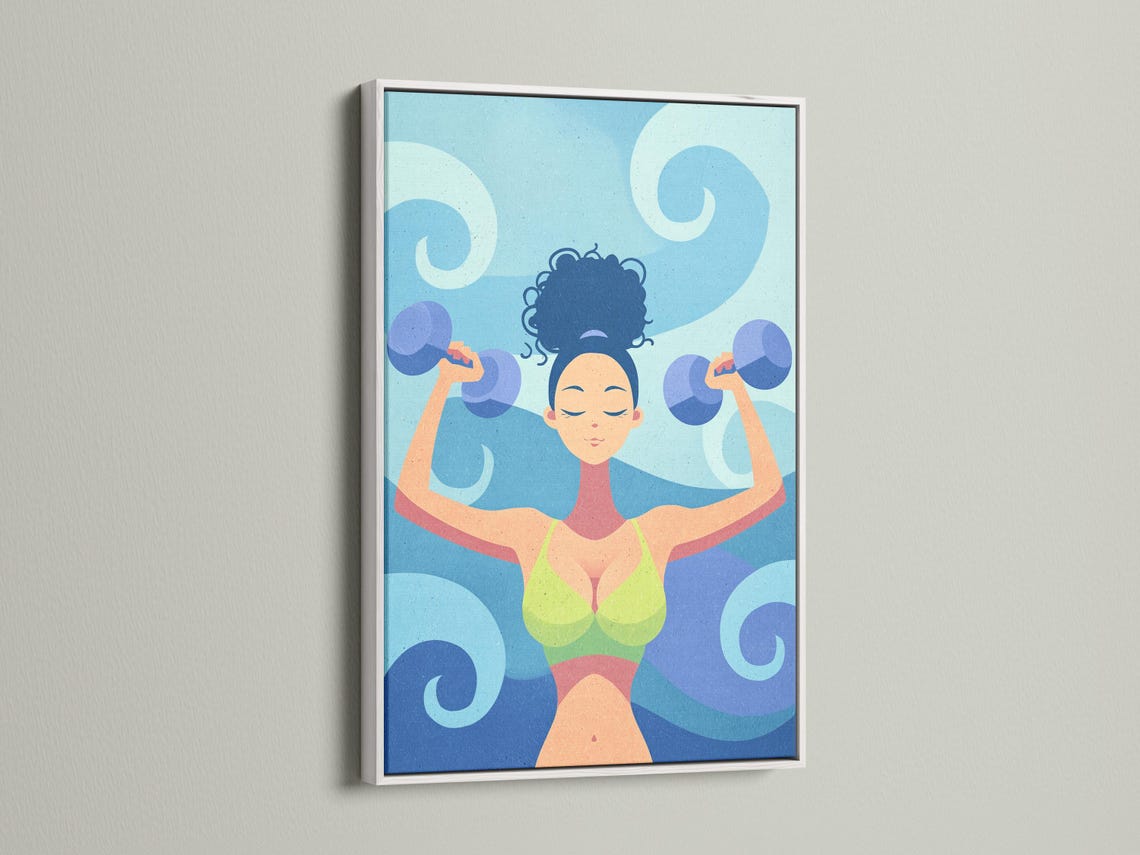 Stylised fitness woman lifting dumbbells overhead against a swirling blue background detail view