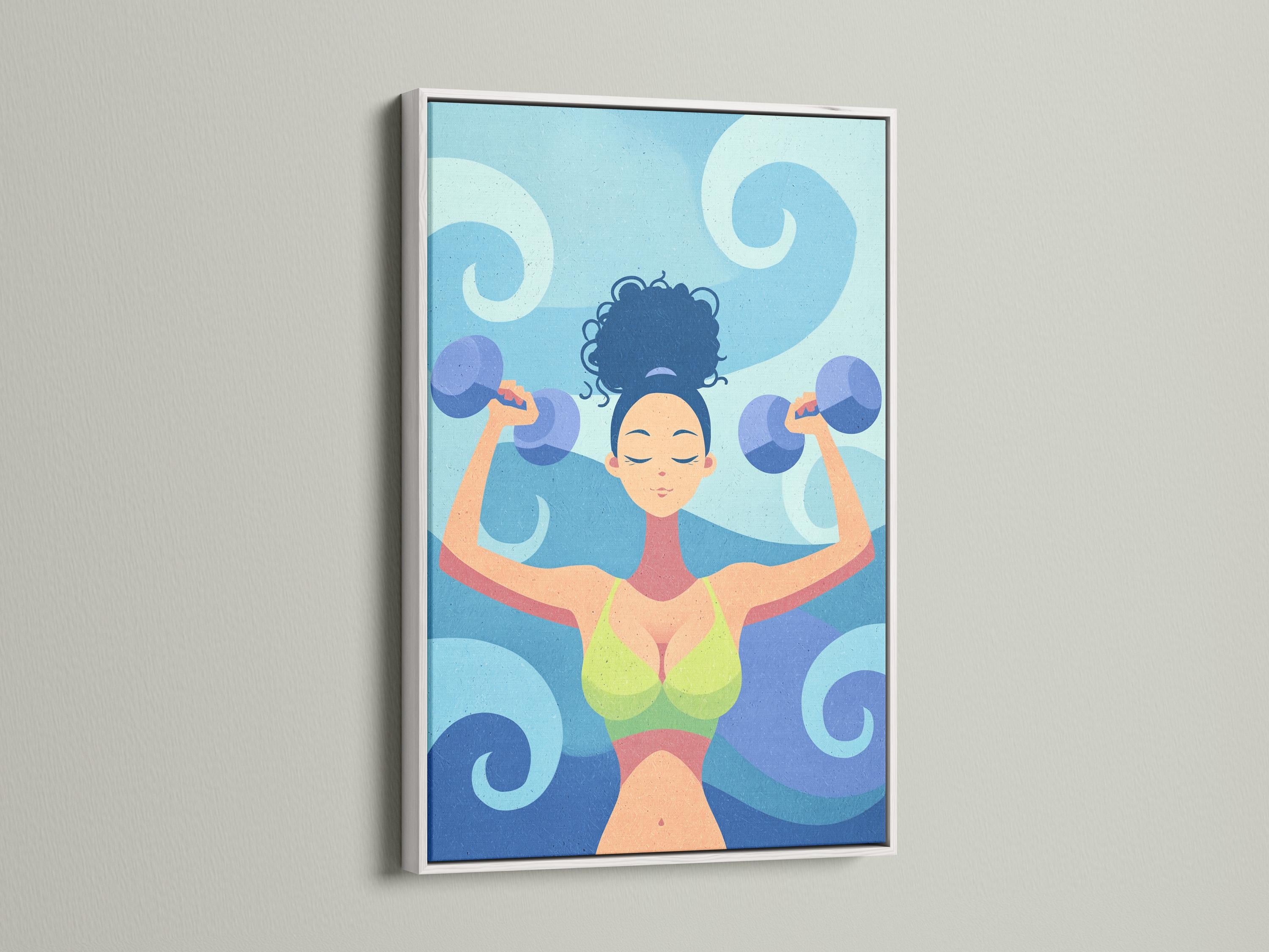 Stylised fitness woman lifting dumbbells overhead against a swirling blue background detail view