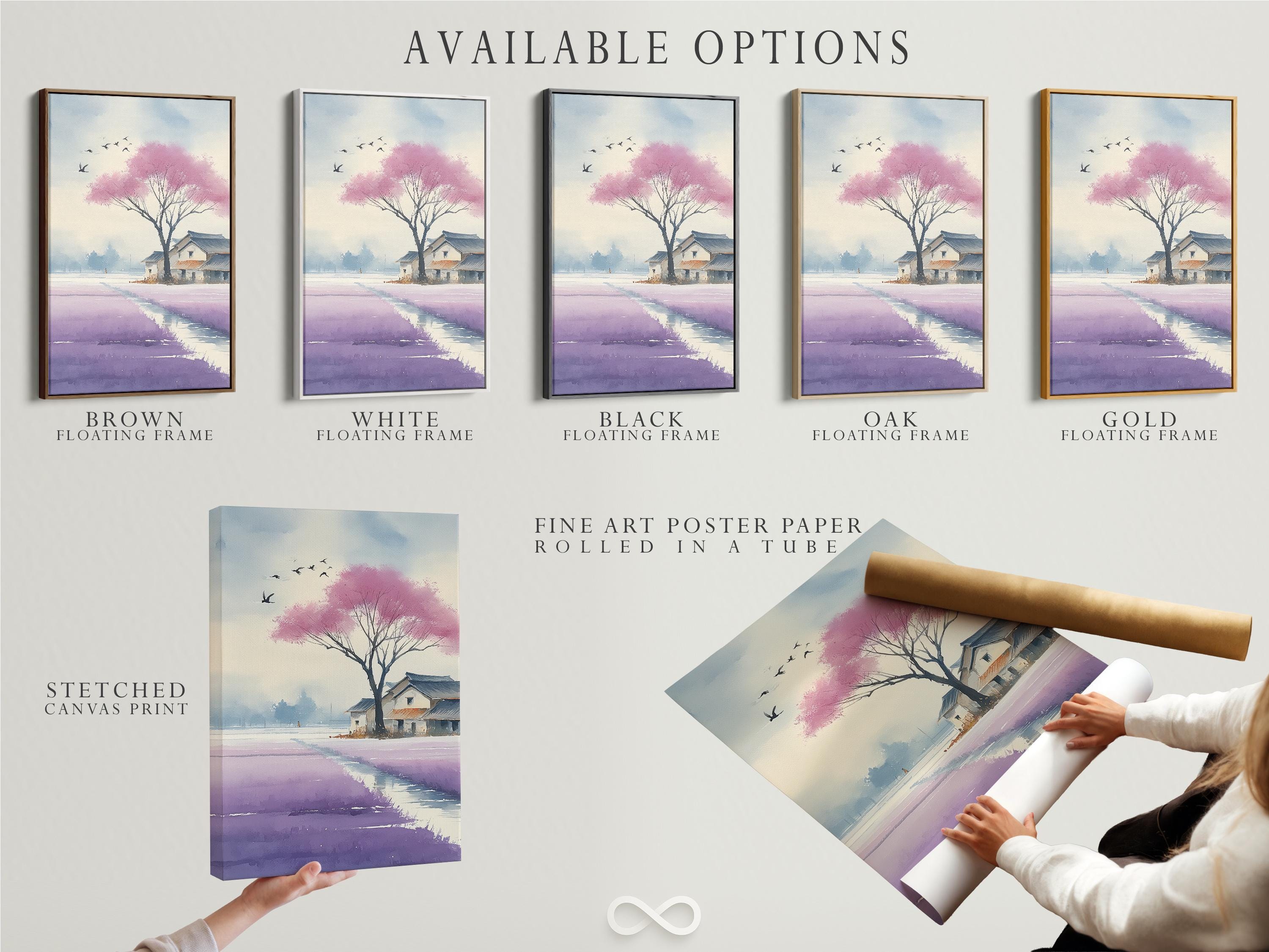 Blossoming pink cherry blossom tree landscape with birds and distant houses detail view
