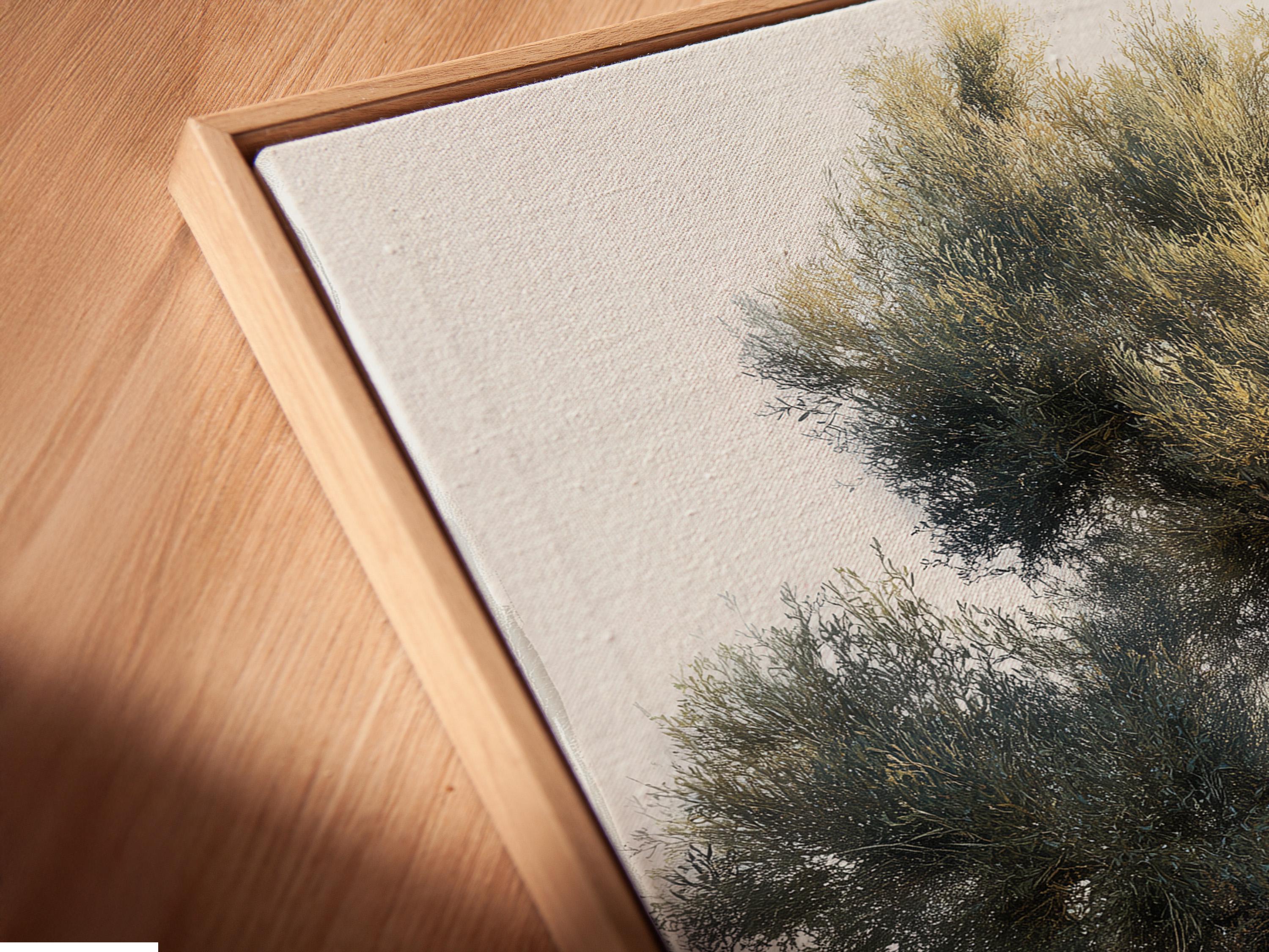 Painterly olive tree with dense green foliage above rocky riverbank and calm water in soft mist detail view