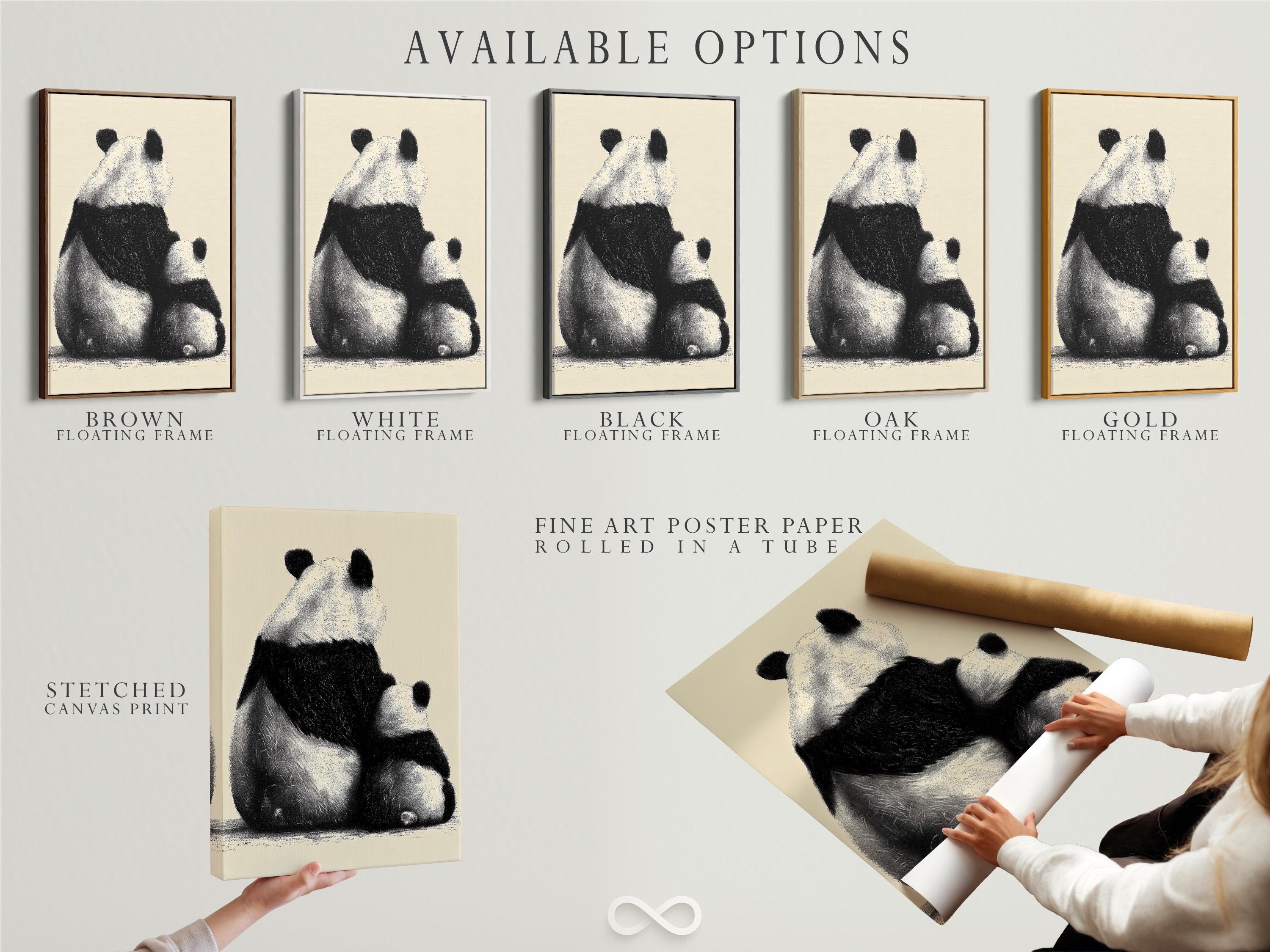 Wall mockup showing a framed panda portrait artwork in black and beige