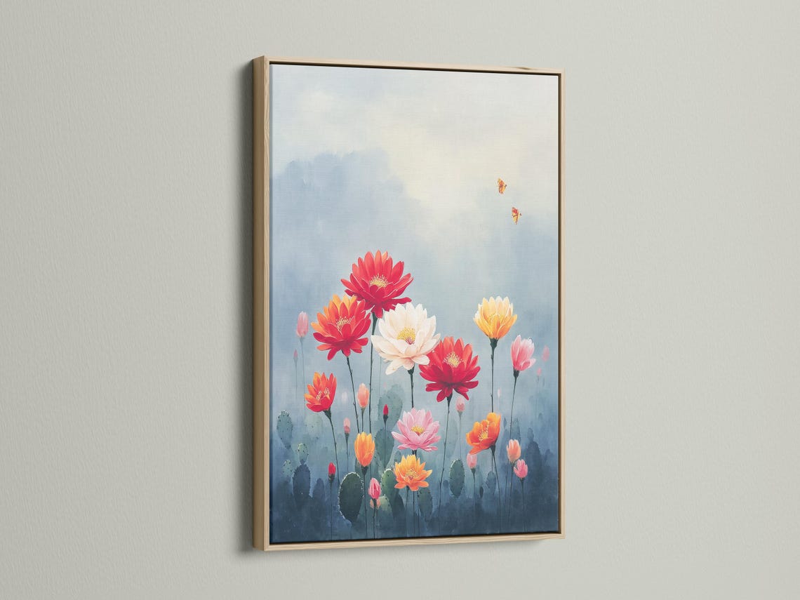 Framed desert flower bouquet artwork on a wall mockup with small butterfly details