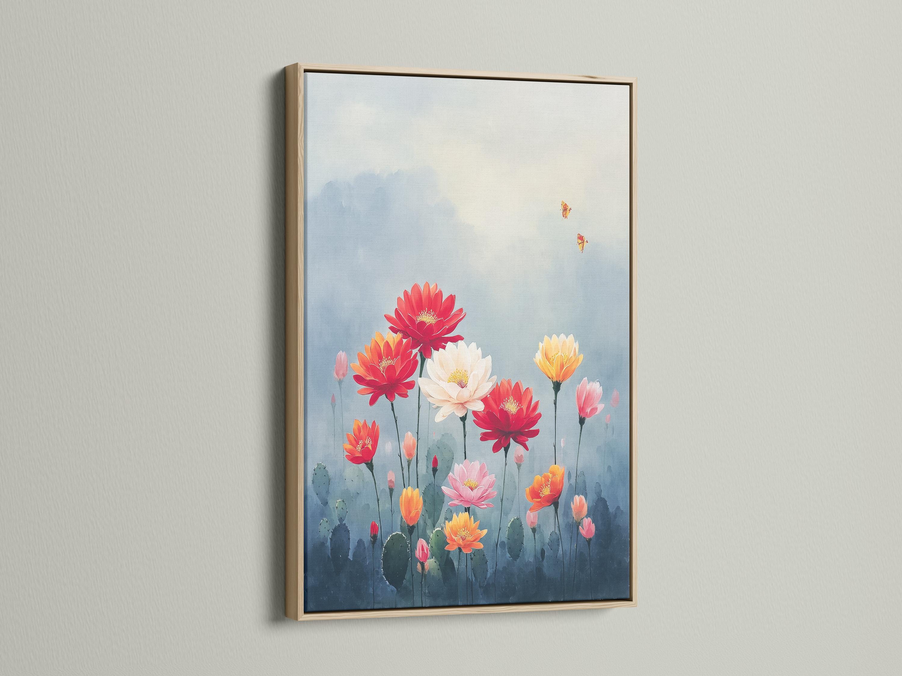 Framed desert flower bouquet artwork on a wall mockup with small butterfly details