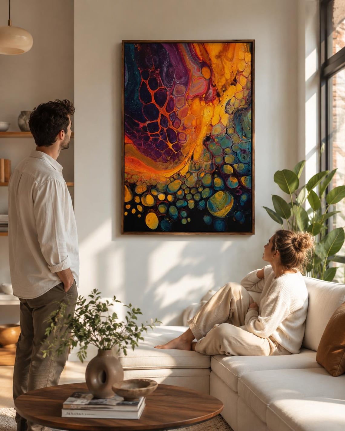 Abstract fluid artwork with gold, purple, teal and orange flowing bubble-like shapes detail view