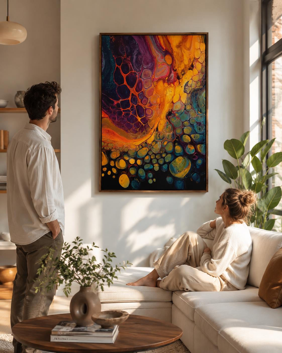 Abstract fluid artwork with gold, purple, teal and orange flowing bubble-like shapes detail view
