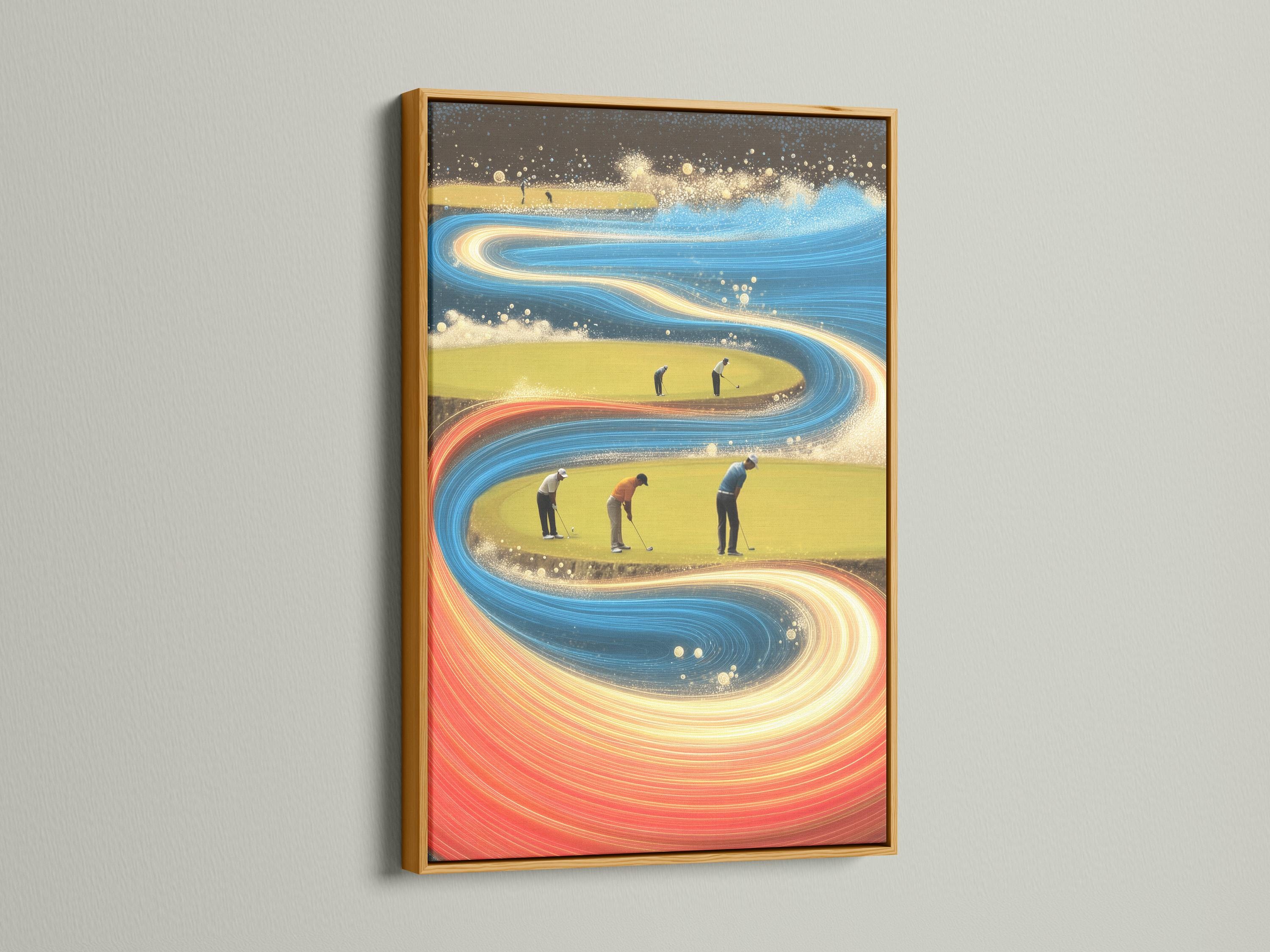 Abstract golf course scene with swirling blue and gold motion bands and small golfer figures detail view