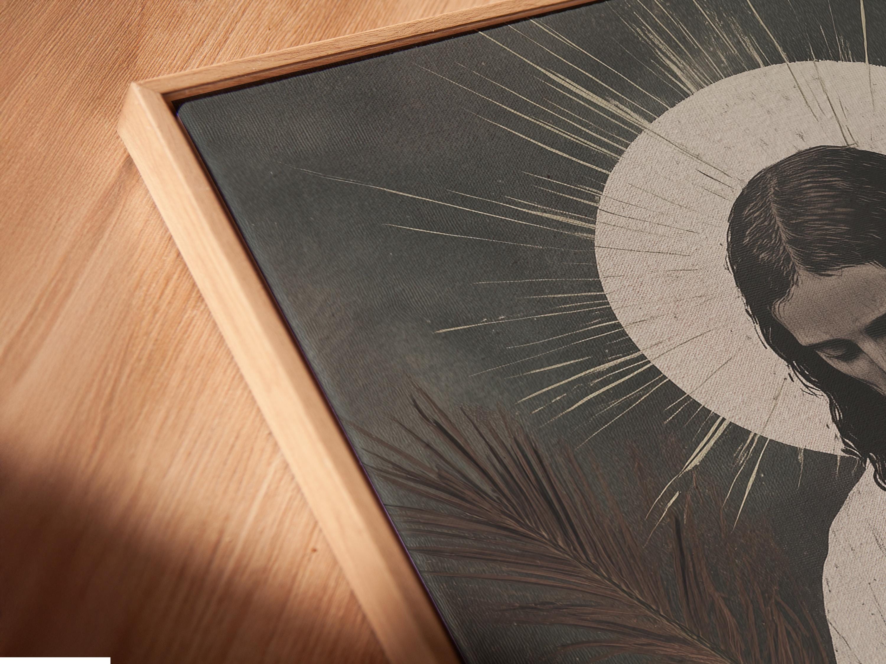 A monochrome illustration of Jesus seated and looking down, framed by a halo, with botanical leaves and dandelion-like flowers at the foreground