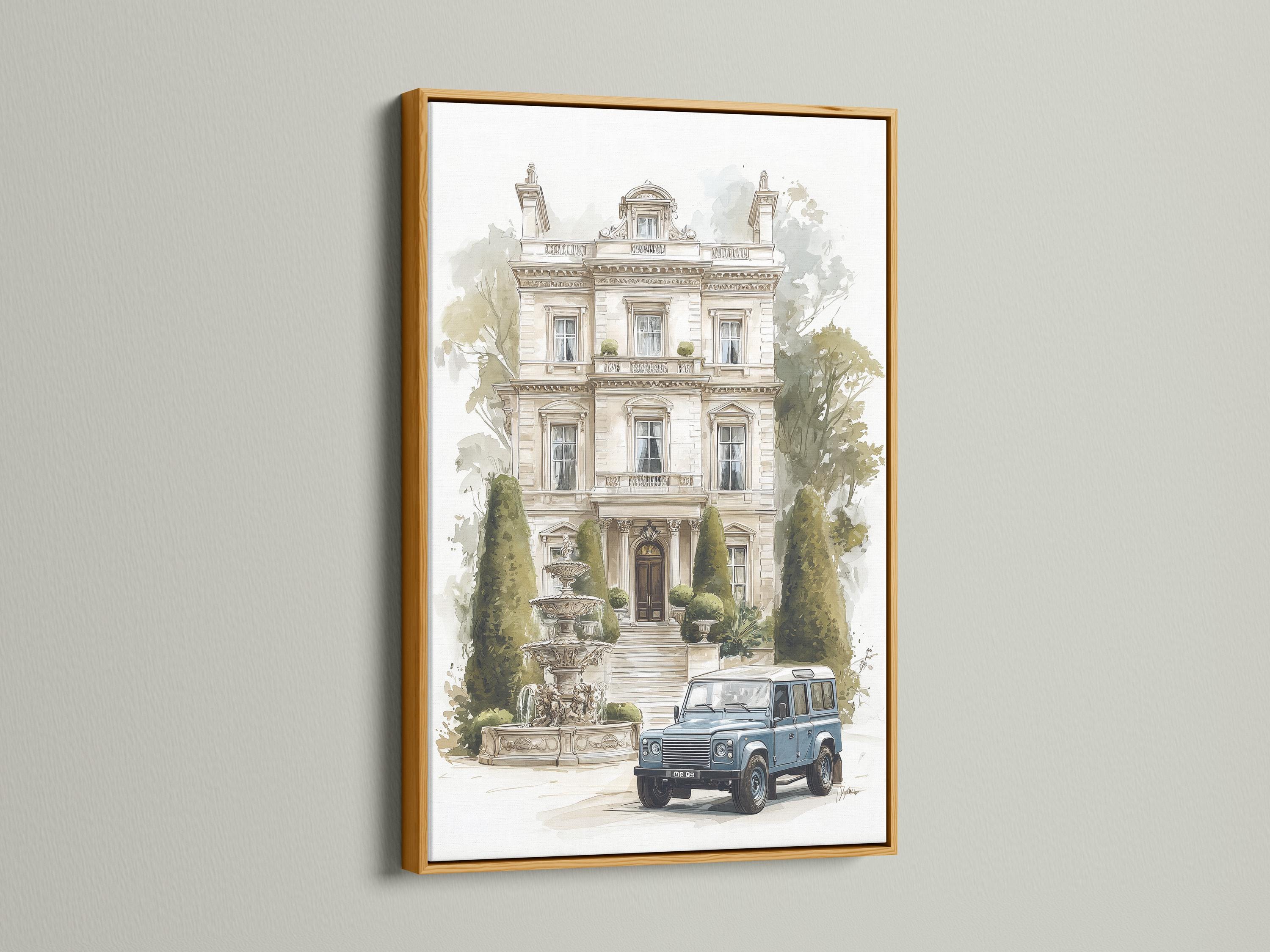 Room mockup showing a framed manor house artwork with trees and a blue vintage car