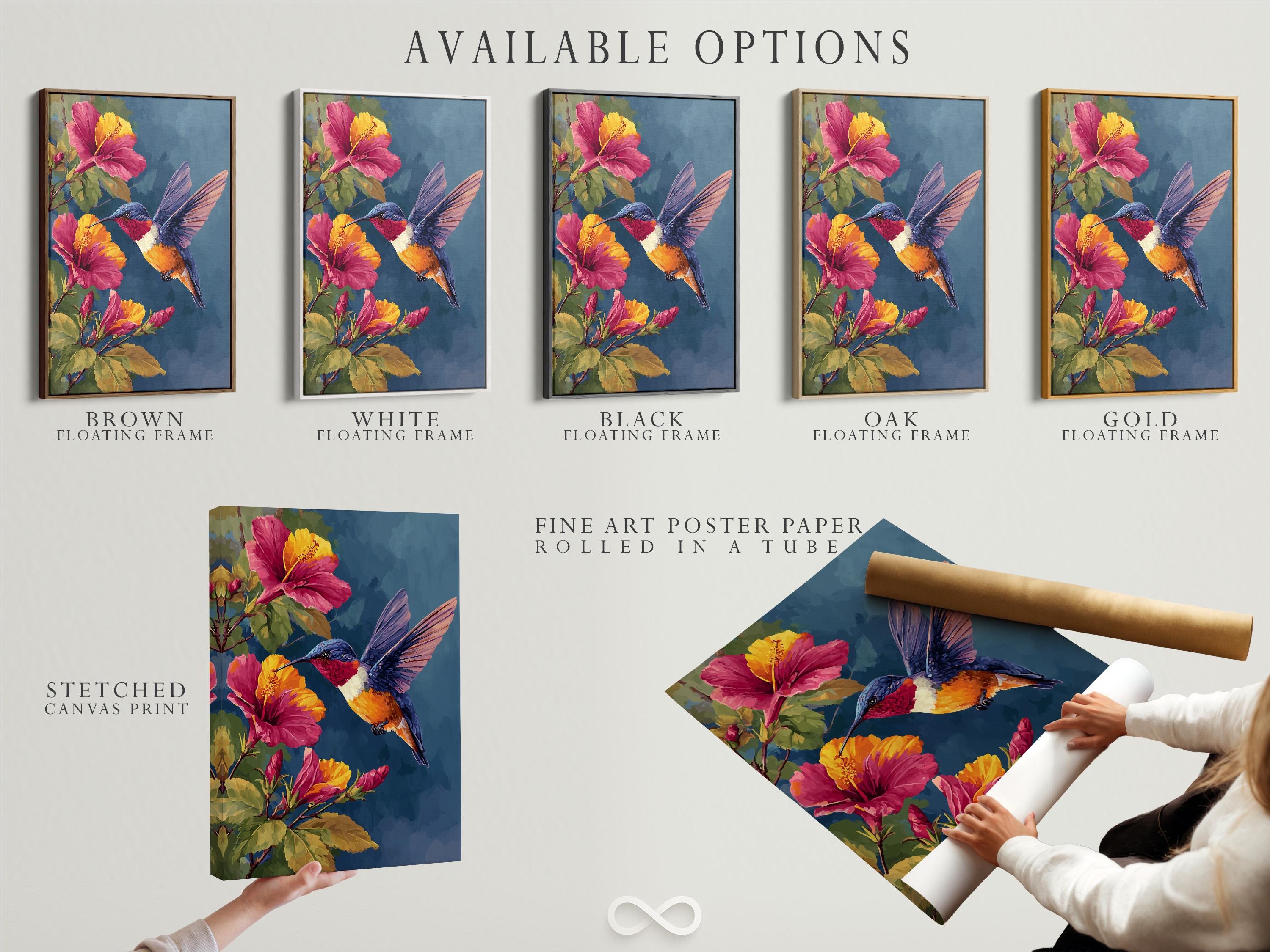 Room mockup showing a hummingbird and hibiscus floral artwork