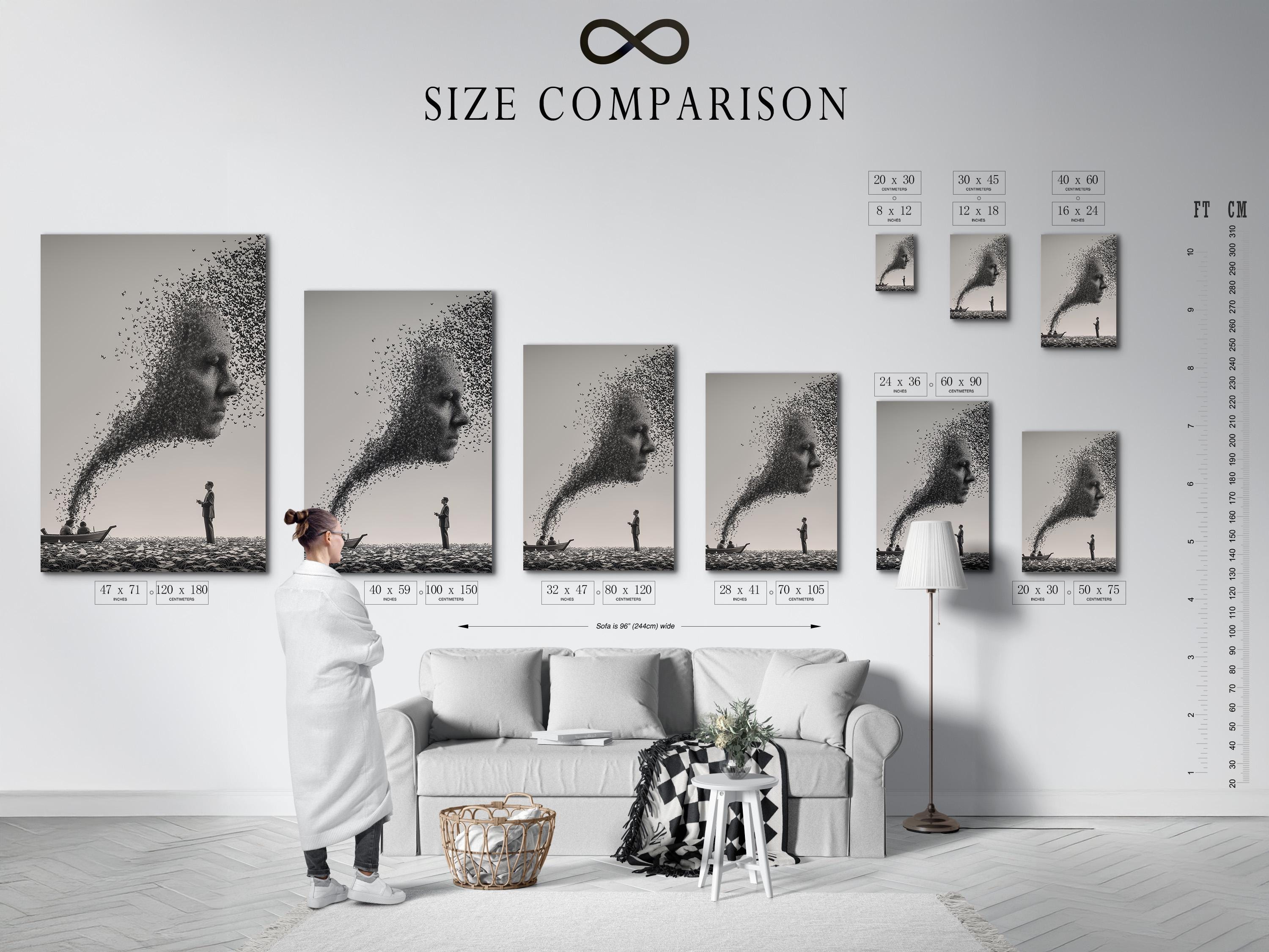 Black-and-white surreal birds flying forming a large bird silhouette with a standing person detail view