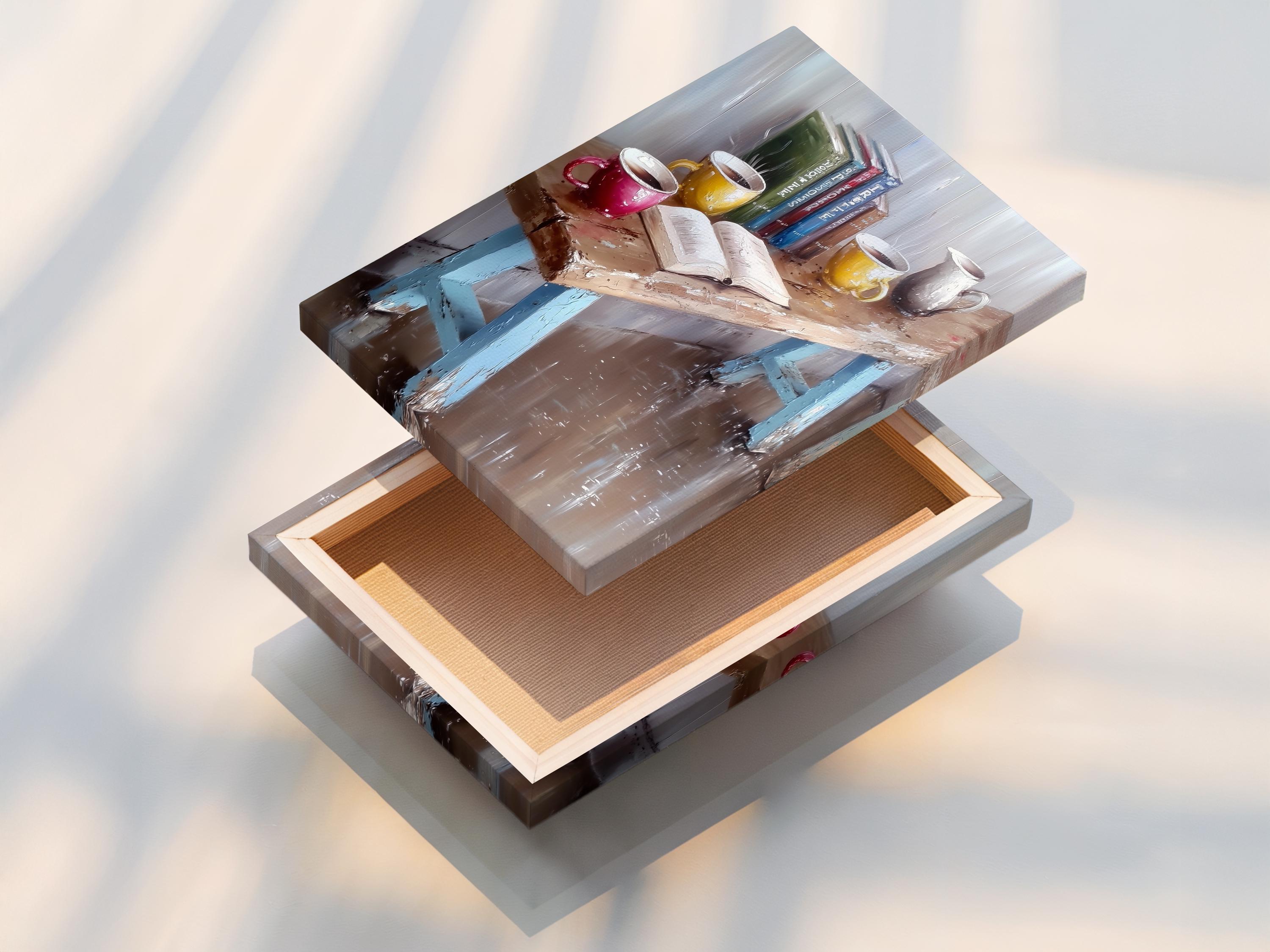 Painterly still life showing books and coffee mugs with warm highlights on a textured grey-blue background detail view