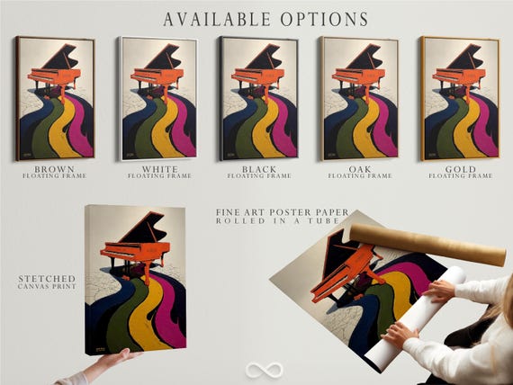 Orange Piano Canvas Art Print - Rainbow Music Wall Art, Eclectic