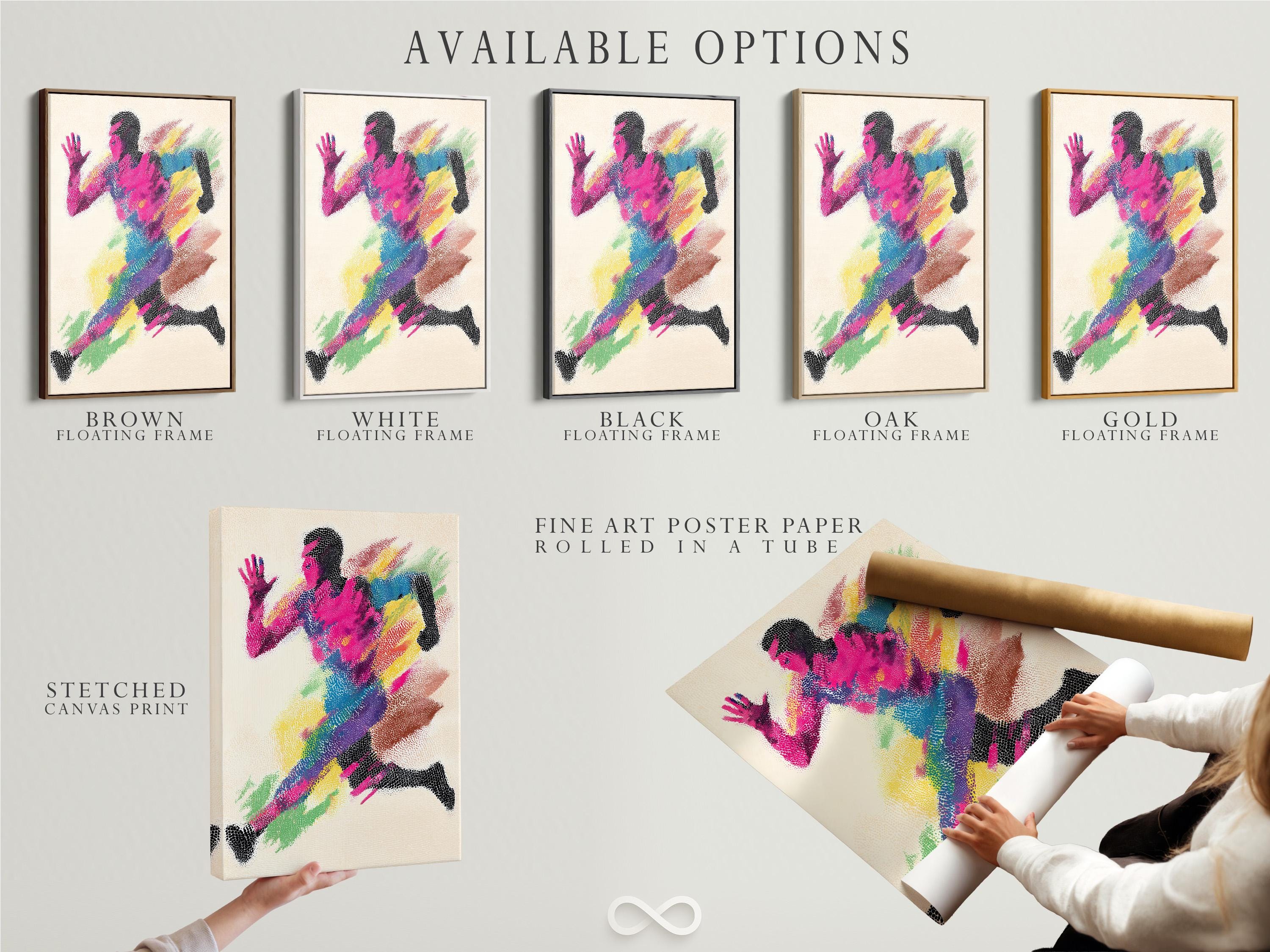 Rainbow runner figure artwork shown in a framed mockup
