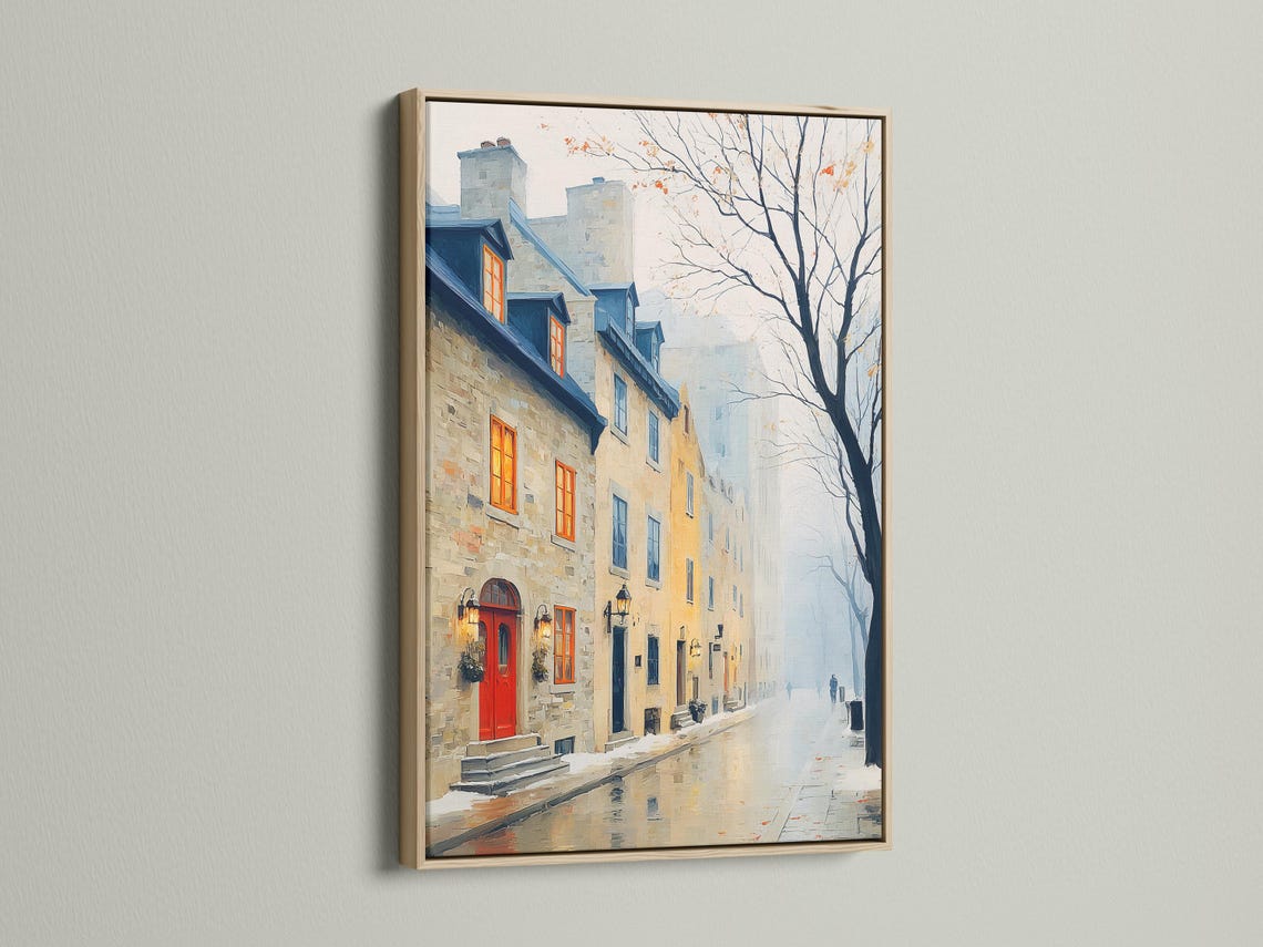 Portrait framed city street artwork mockup with foggy buildings and a red door