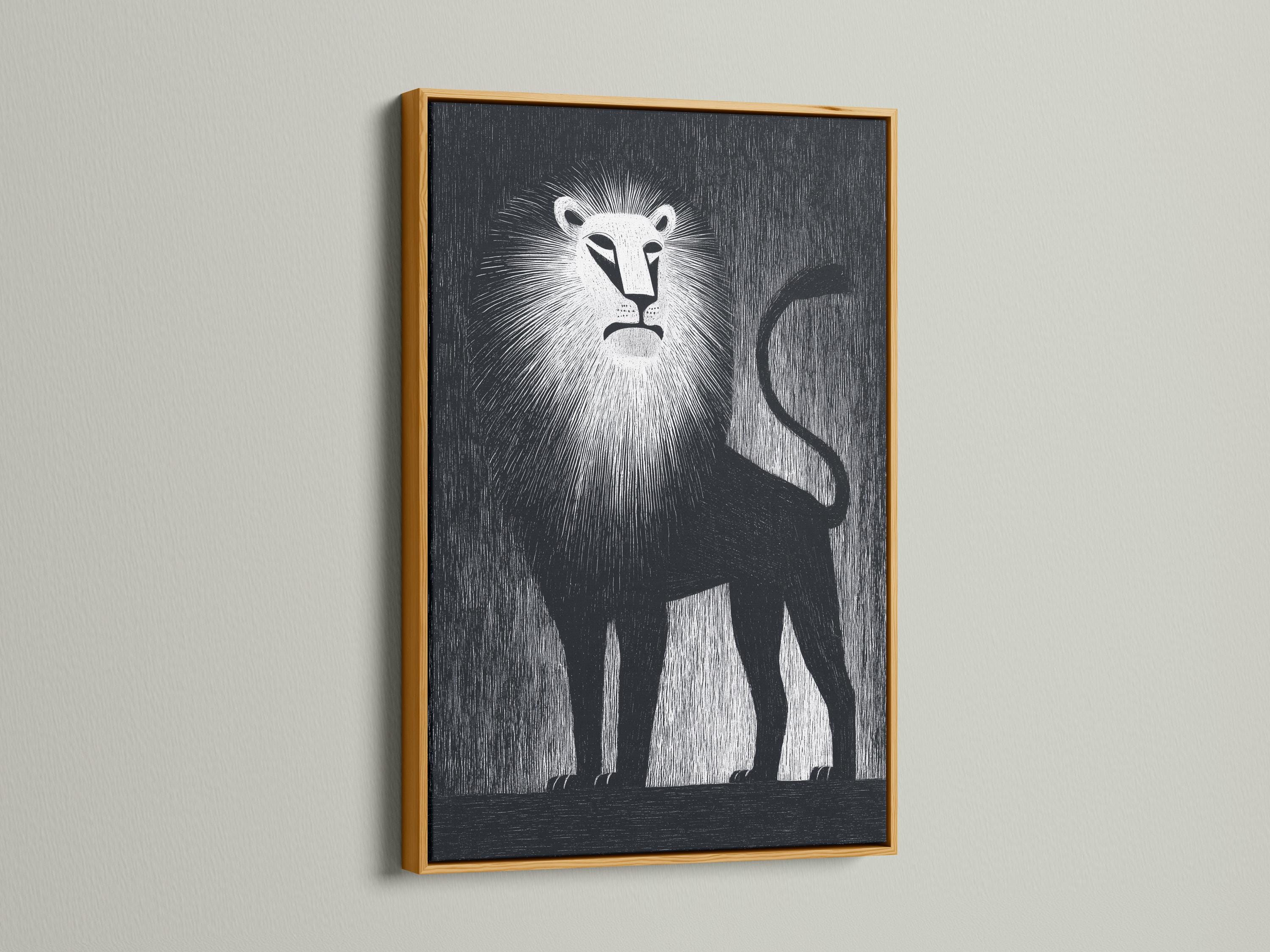 A person standing beside a framed black and white lion artwork in a modern interior