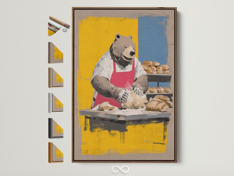Painterly bear chef character at a bakery counter with bread rolls, in yellow and blue