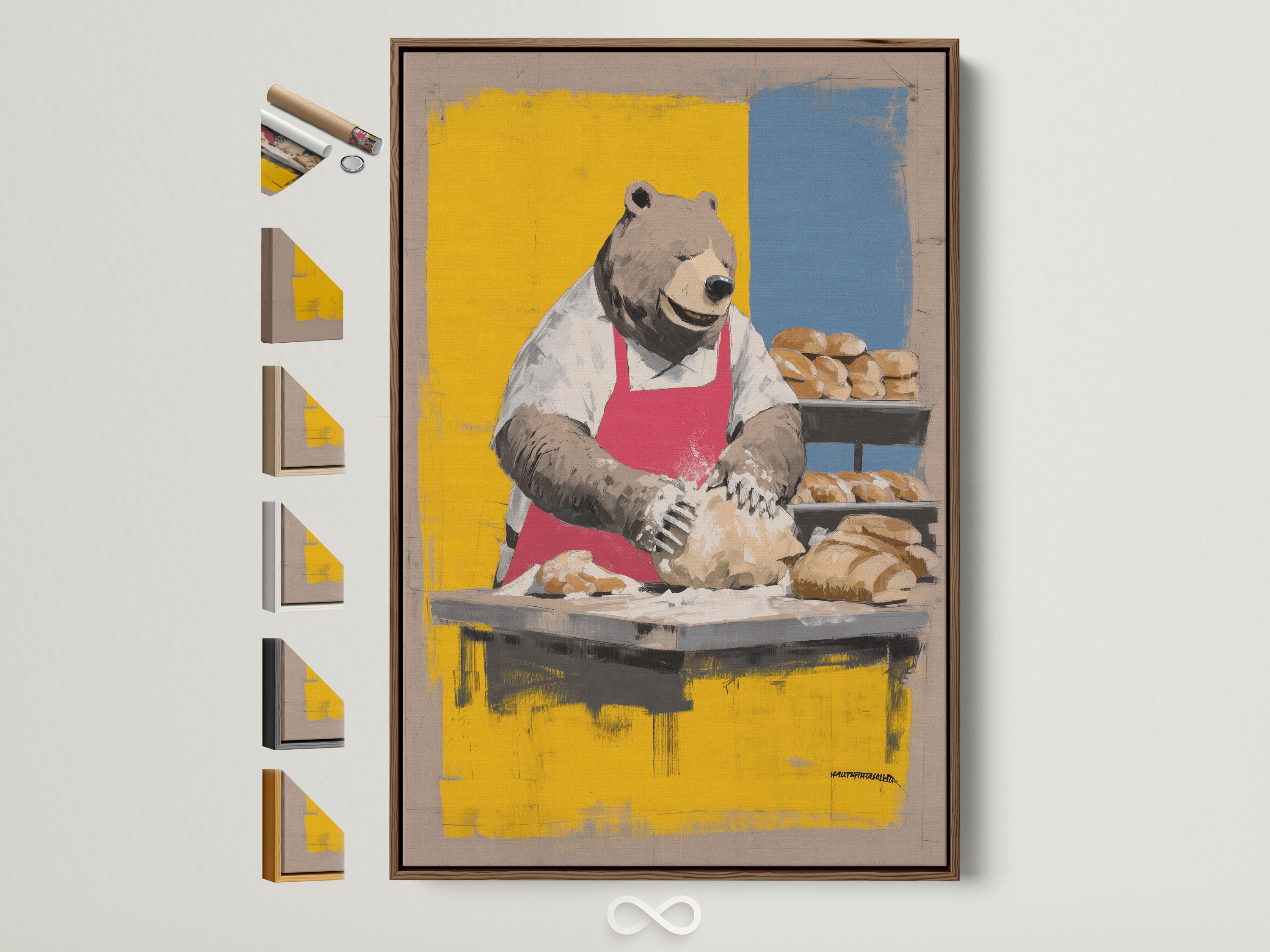 Painterly bear chef character at a bakery counter with bread rolls, in yellow and blue