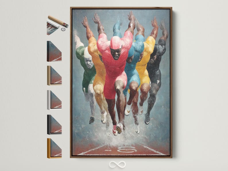Colourful runners sprinting in a painterly style with a bright red central figure