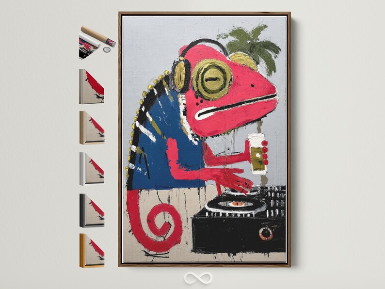 Stylised red iguana DJ illustration with oversized headphones, tropical leaves and a console