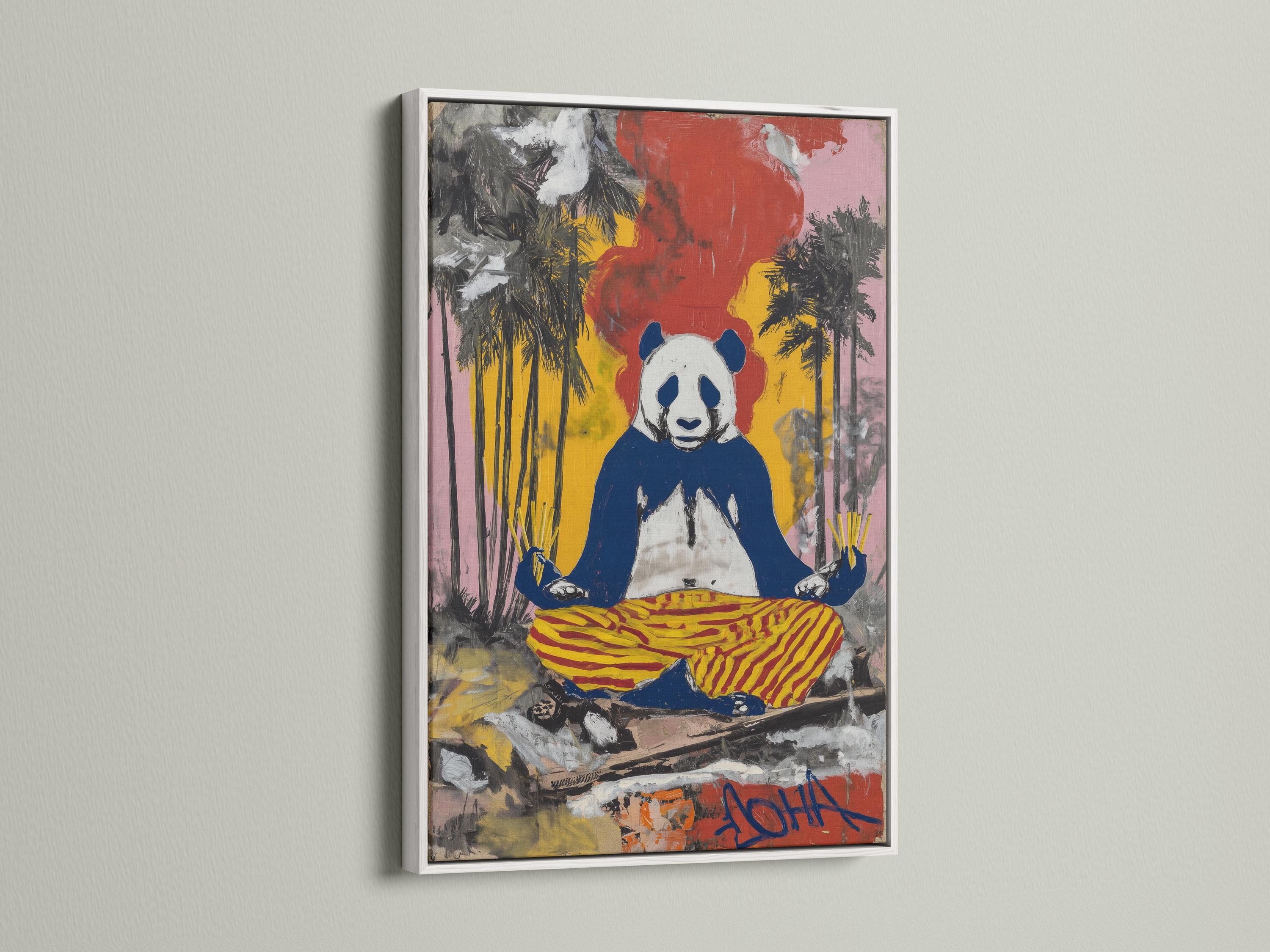 Portrait artwork featuring a seated panda with a yellow and red striped cushion and graffiti-style colours detail view