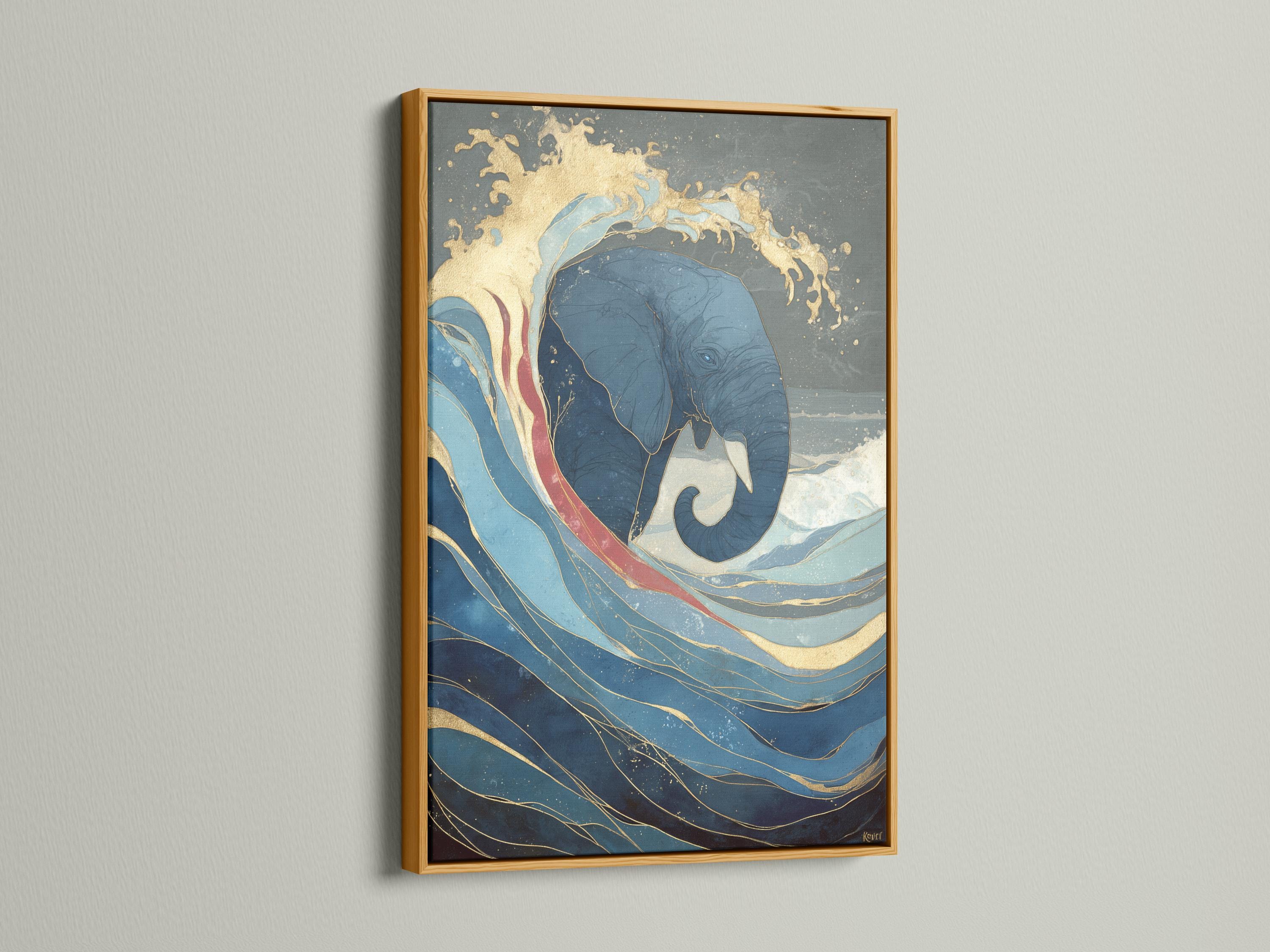Blue and gold elephant emerging from ocean waves artwork detail view