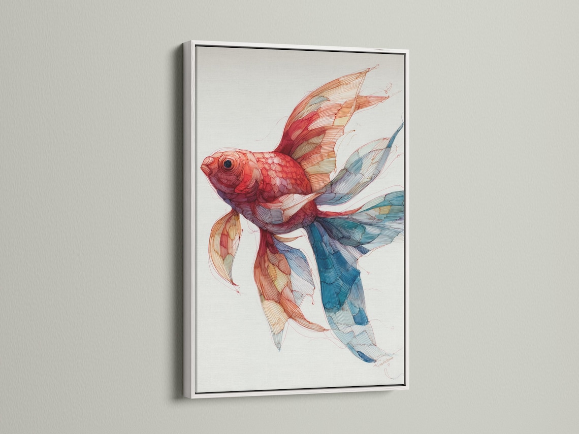 Room mockup showing a framed red goldfish illustration with teal and blue fins