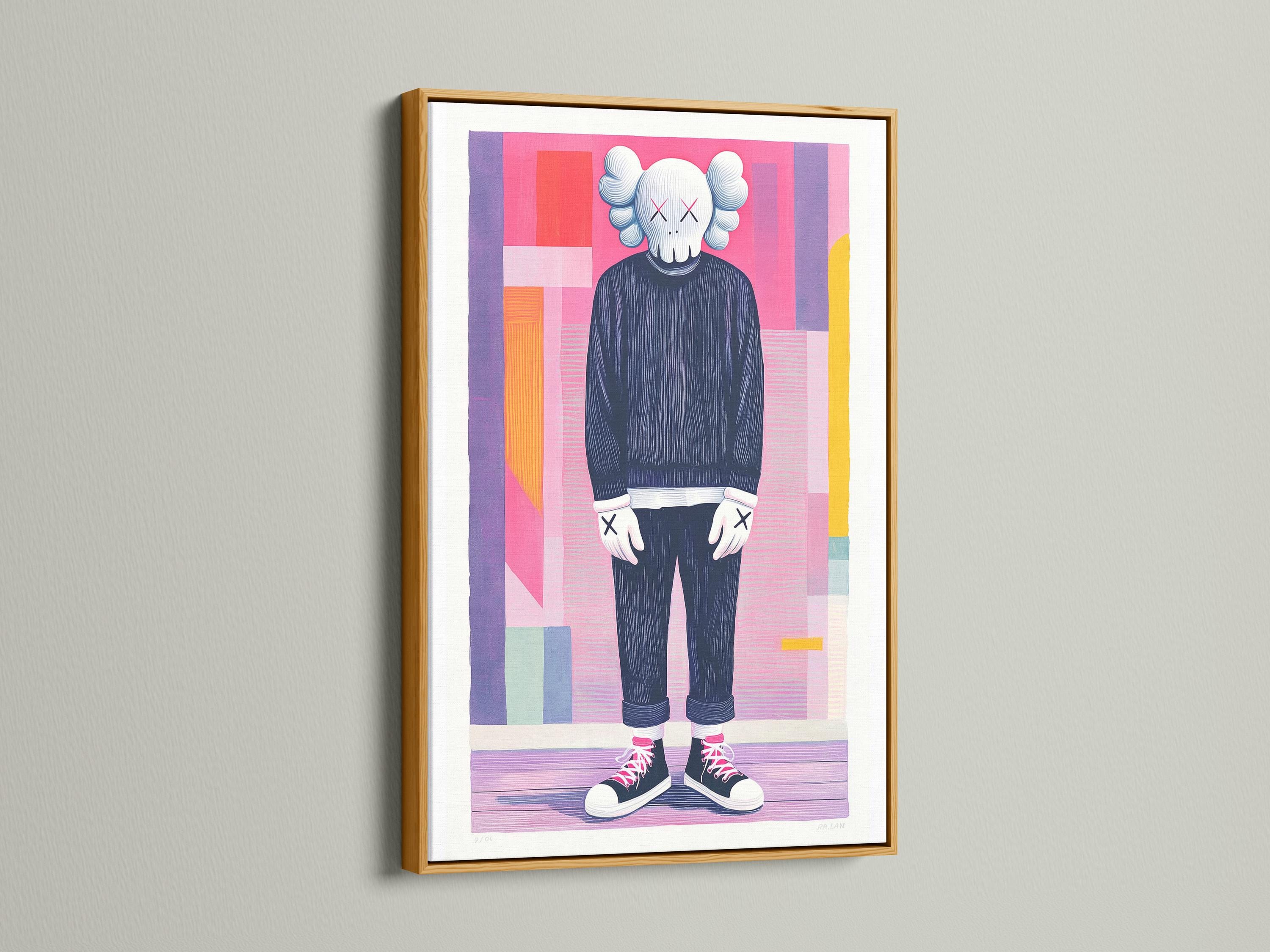Room mockup showing a framed artwork with a pop-art figure and pink and purple geometric background