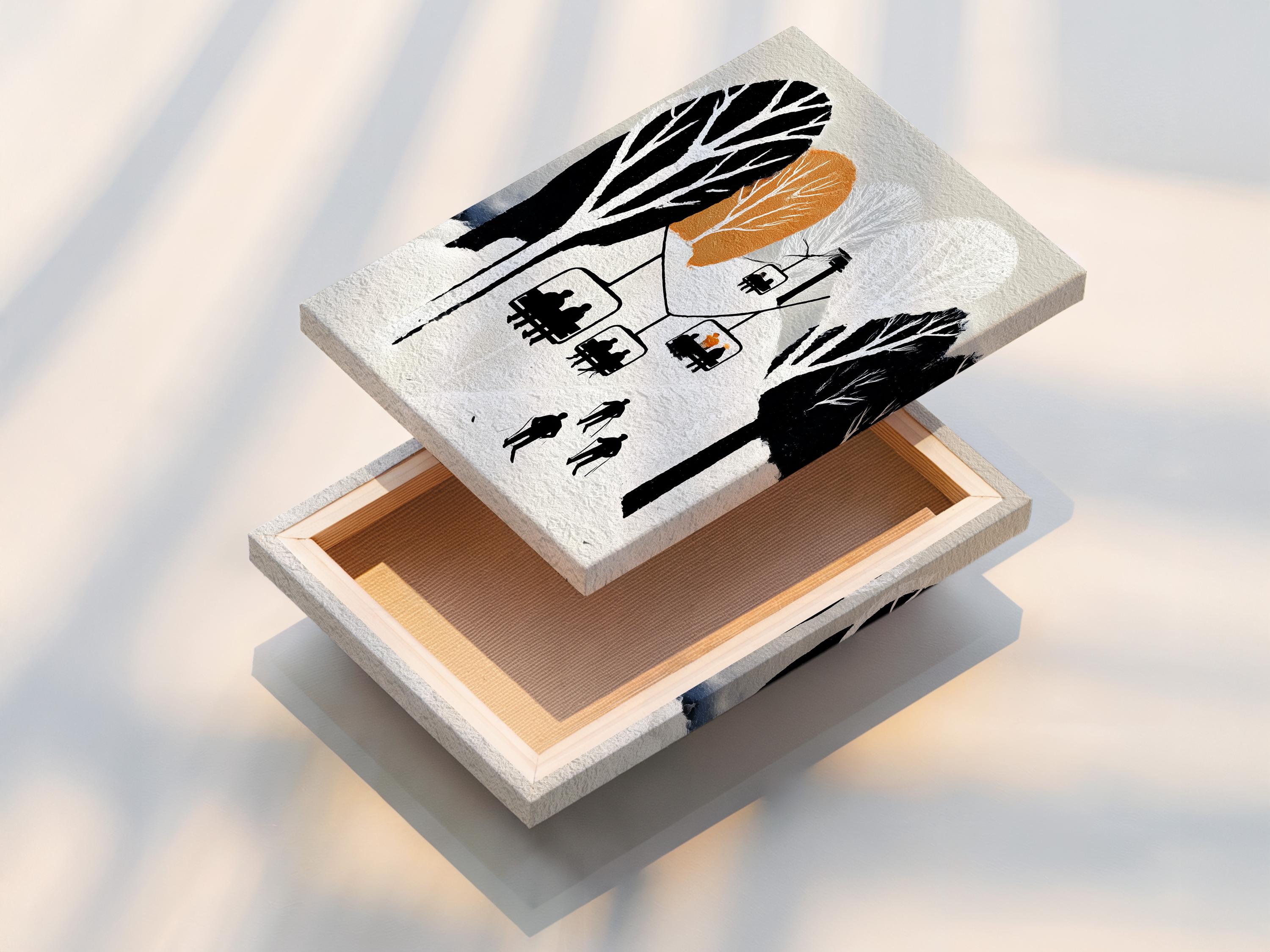 Minimalist winter ski lift scene with black silhouettes, skiers, trees and warm orange circles detail view