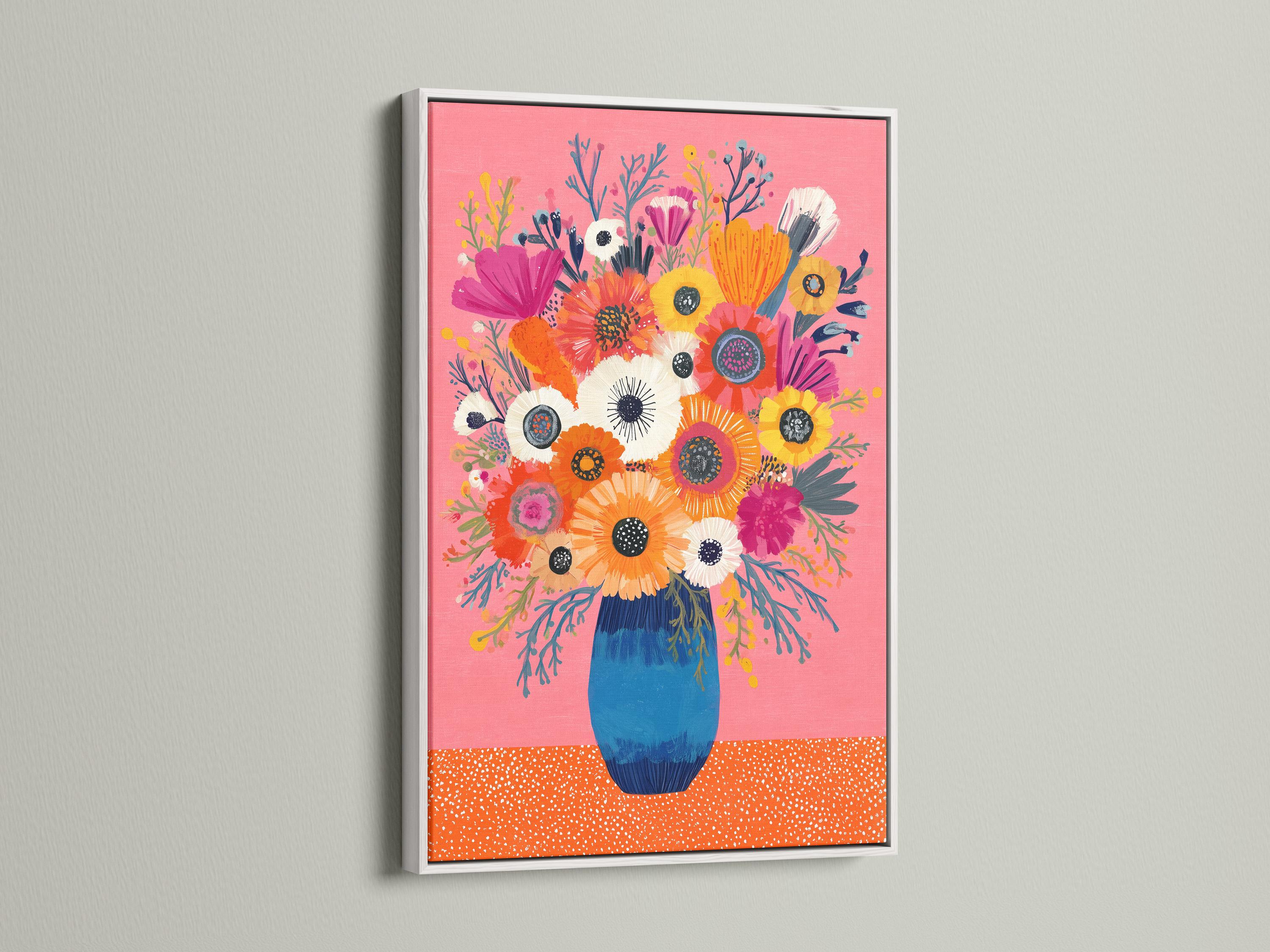 Floral bouquet painting with flowers in a blue vase on a pink background detail view