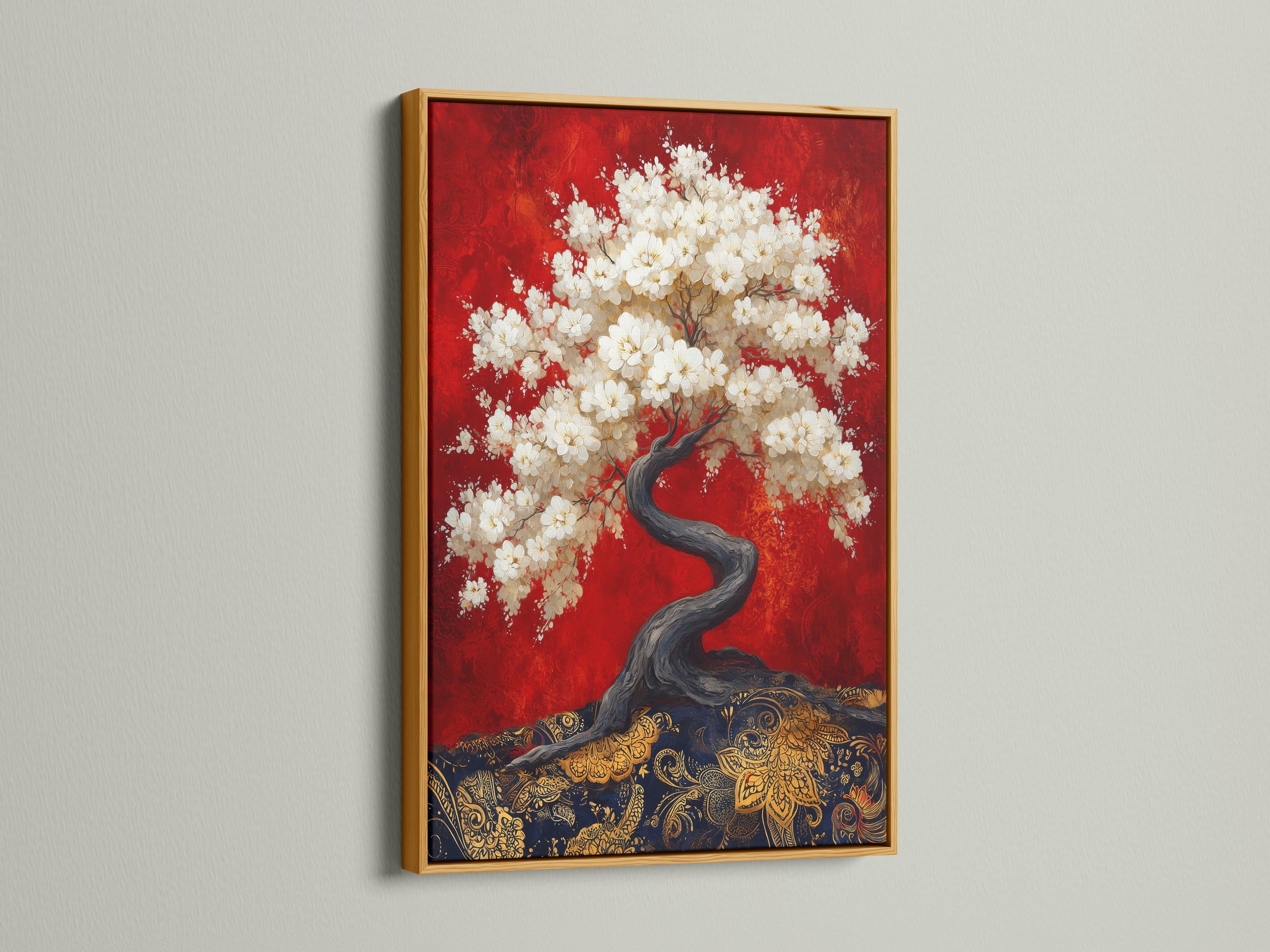Spa reception scene with a woman seated at a reception desk and a cherry blossom tree artwork on the wall