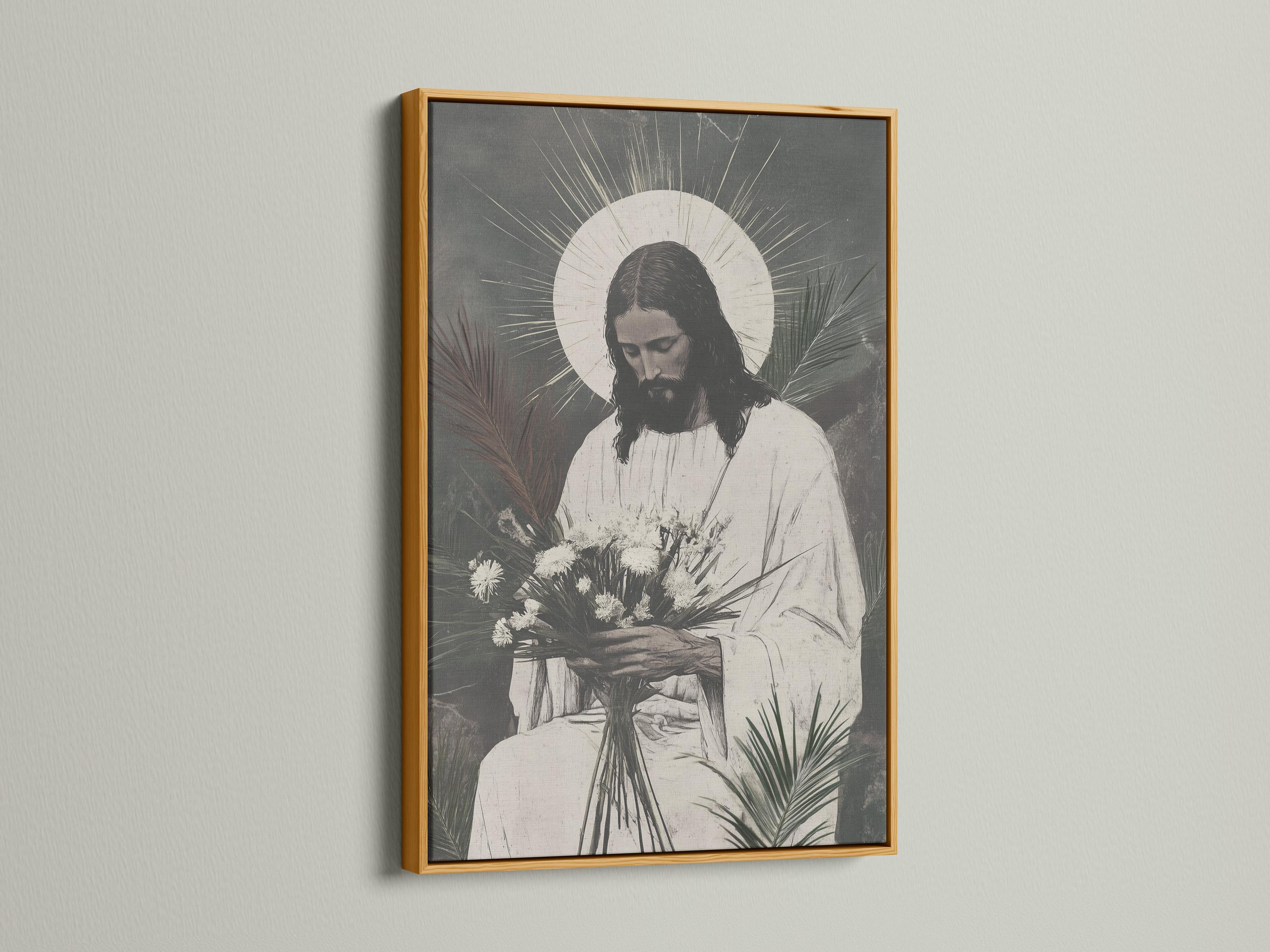 A monochrome illustration of Jesus seated and looking down, framed by a halo, with botanical leaves and dandelion-like flowers at the foreground