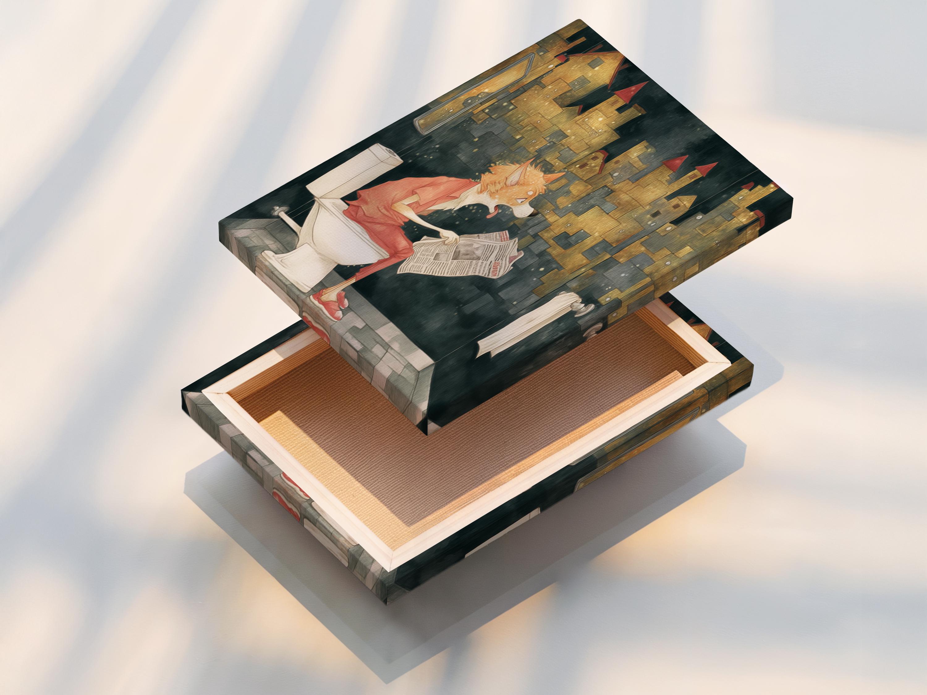 Orange fox reading a newspaper while seated on a white toilet with a moody cityscape background detail view