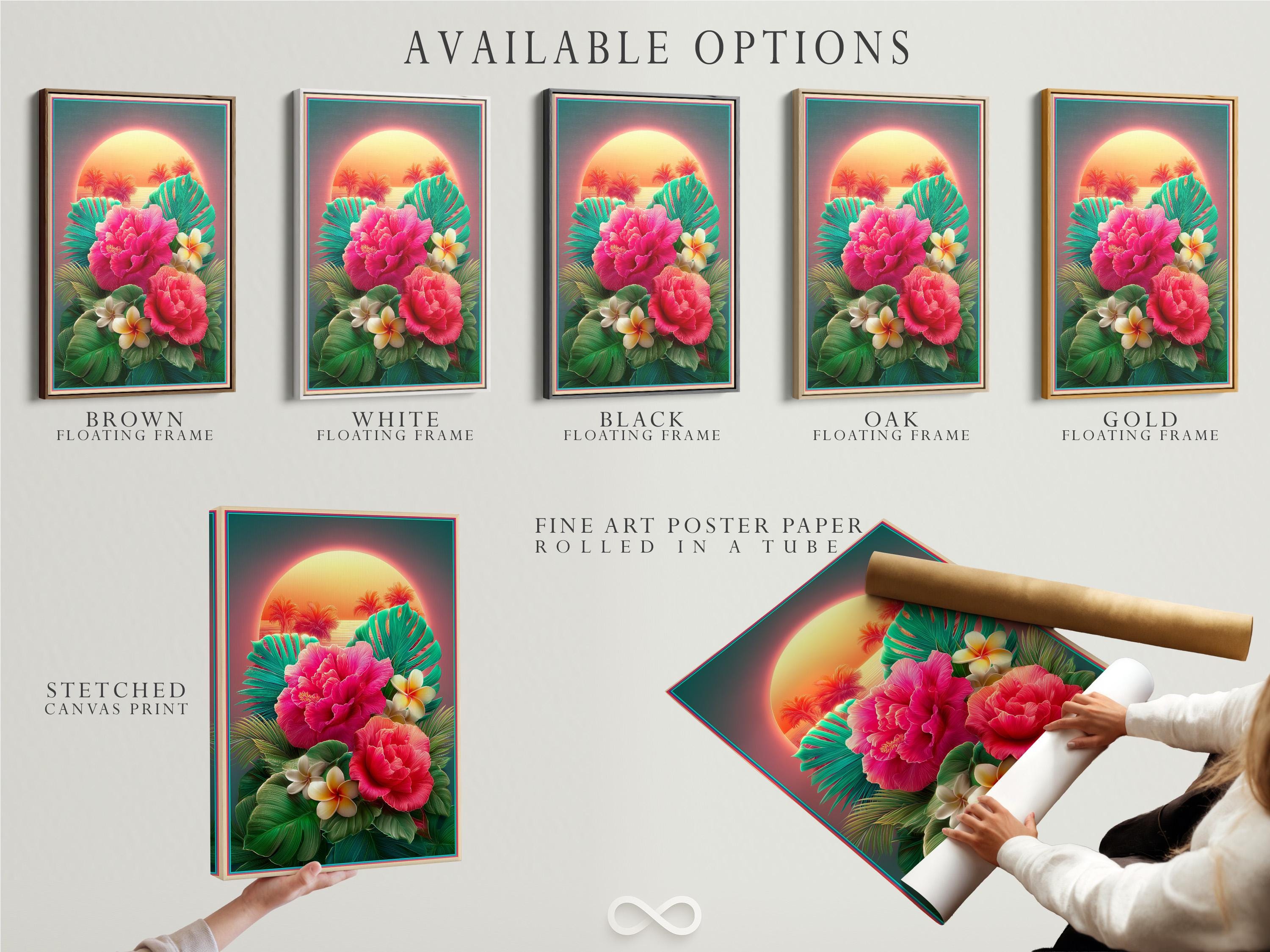 Tropical floral artwork with pink hibiscus flowers, teal palm leaves and a glowing sunset halo detail view