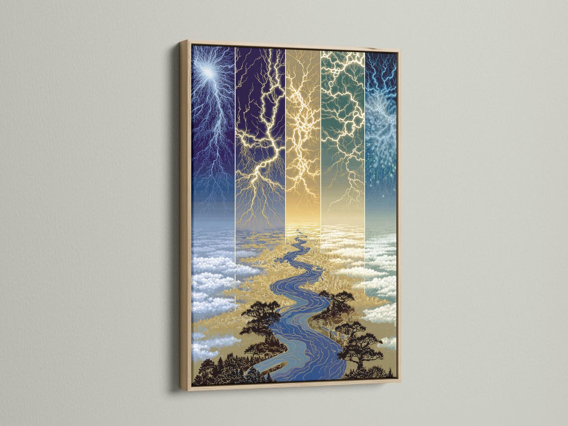 Blue and gold lightning river landscape with branching lightning bolts detail view
