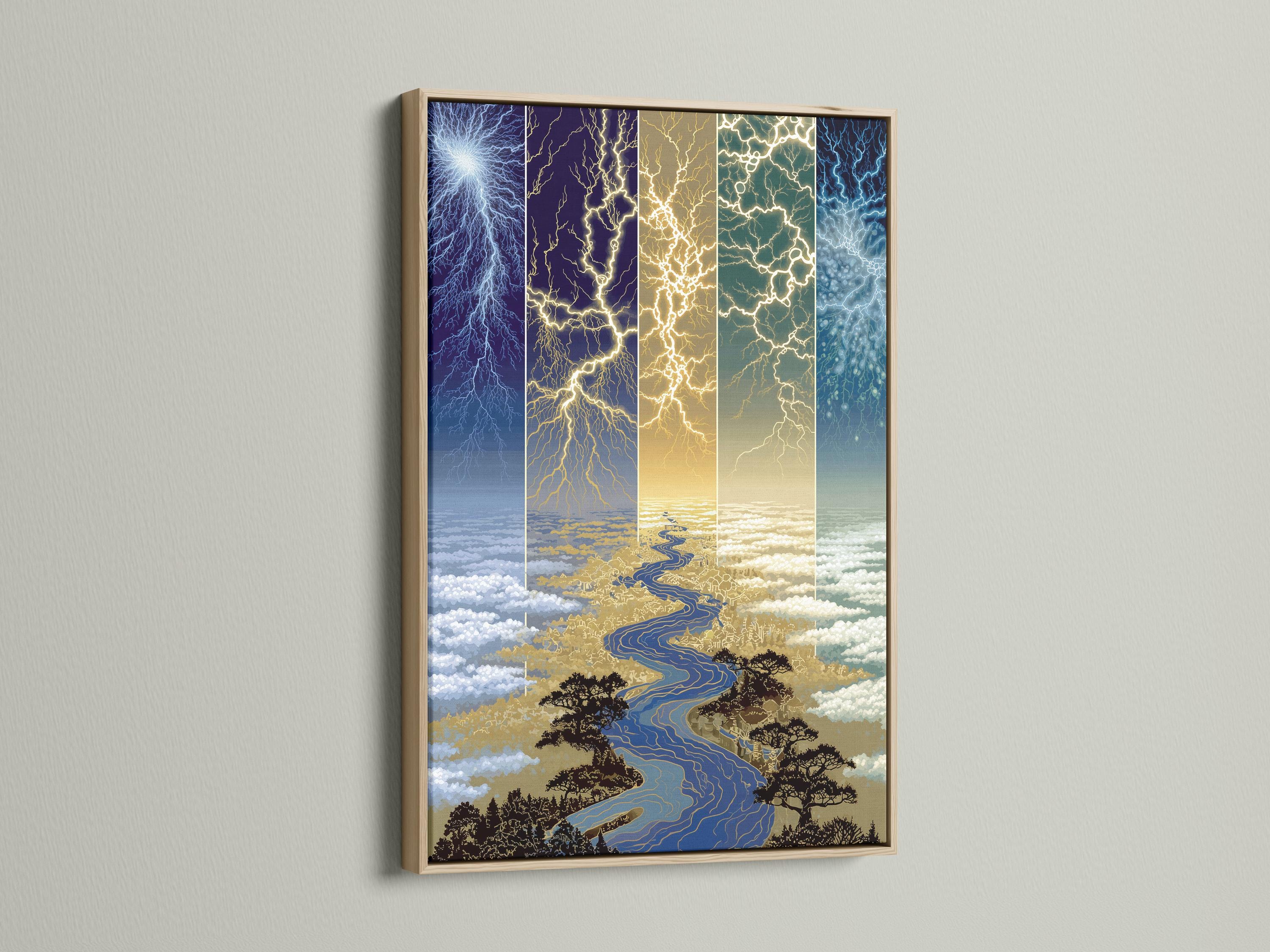 Blue and gold lightning river landscape with branching lightning bolts detail view