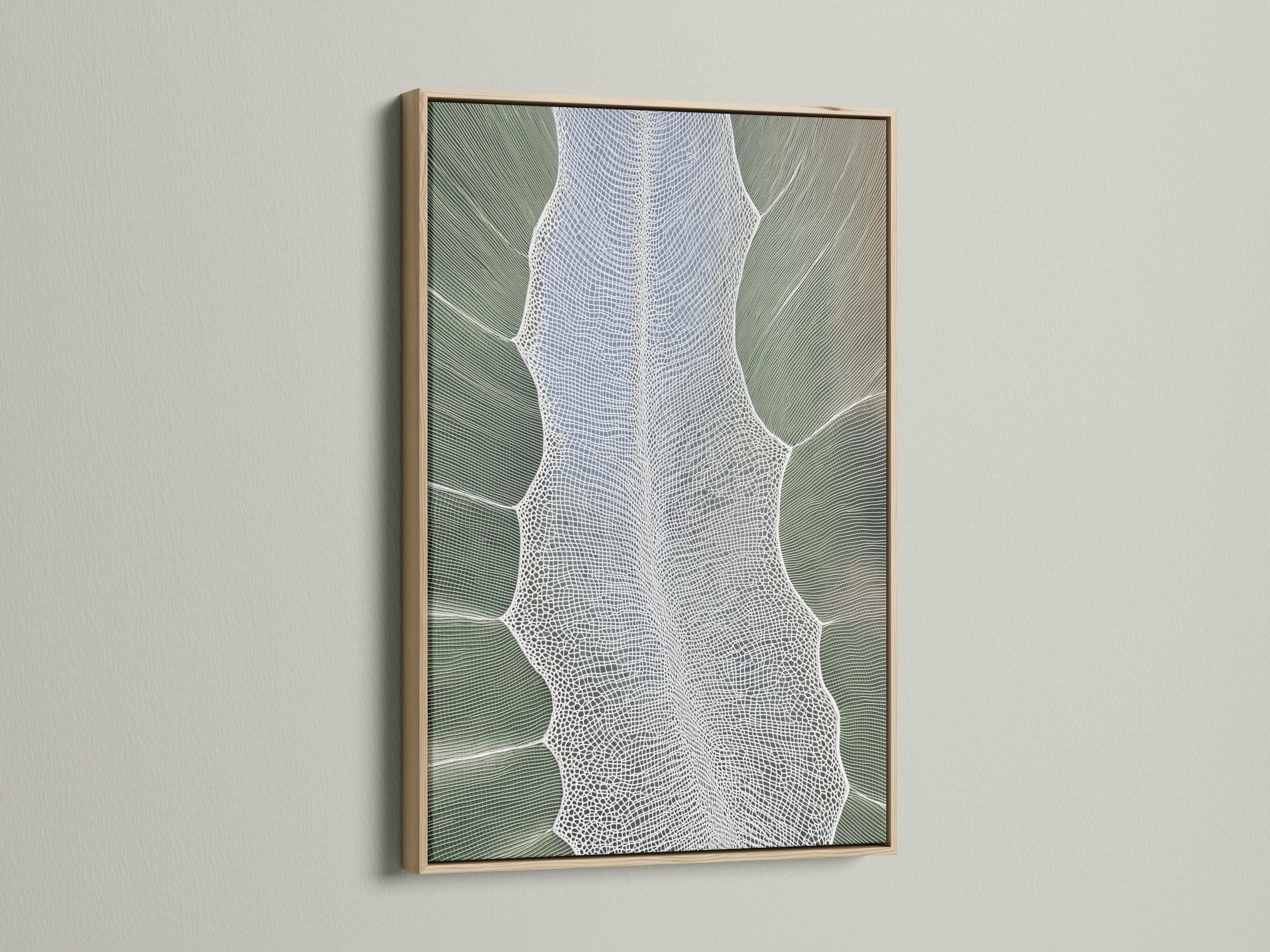 Sage green textured leaf silhouette artwork with a white net-like pattern detail view