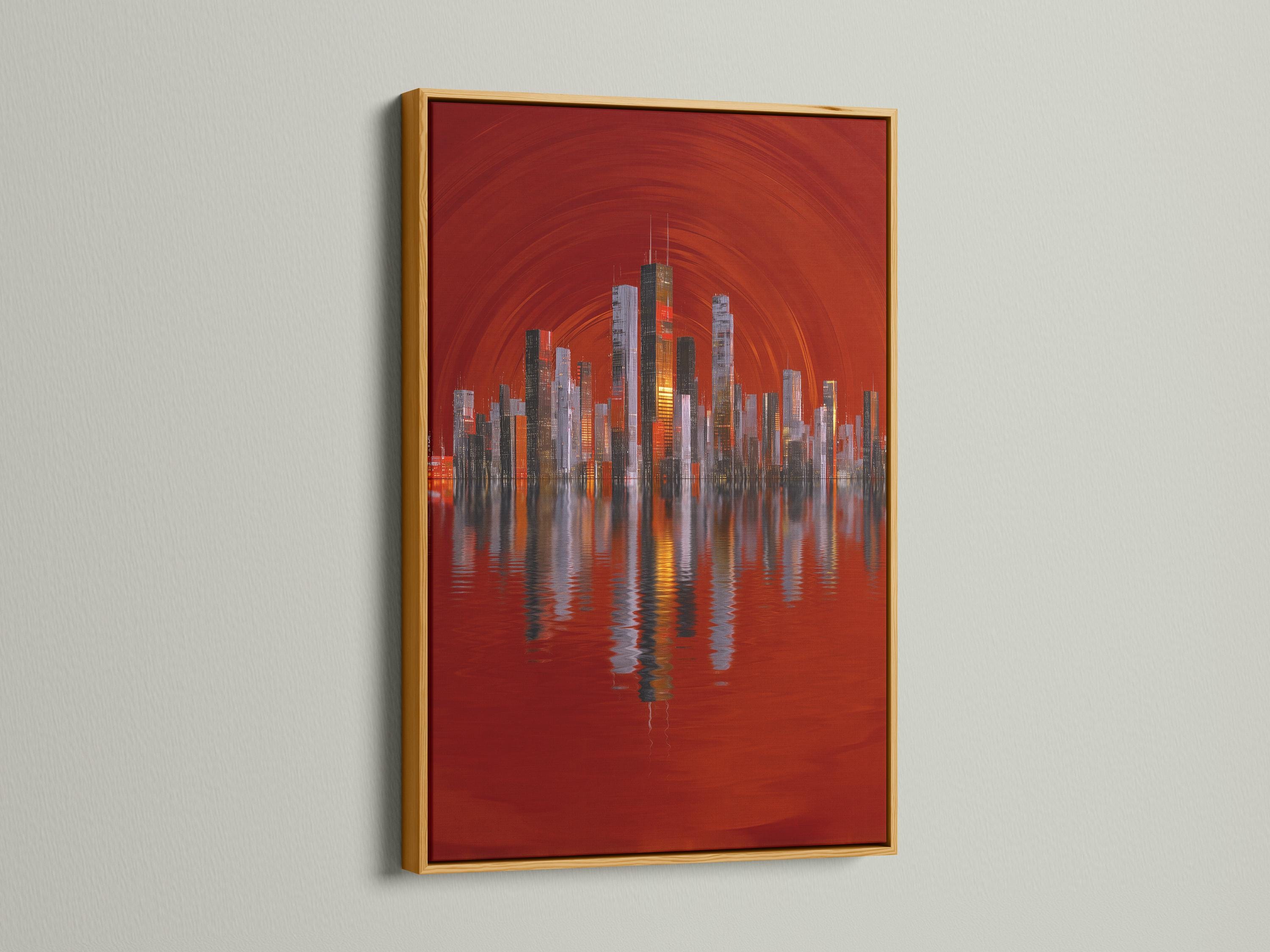 A red city skyline rises from a reflective body of water, framed by arcing light lines, with illuminated building windows and layered silhouettes