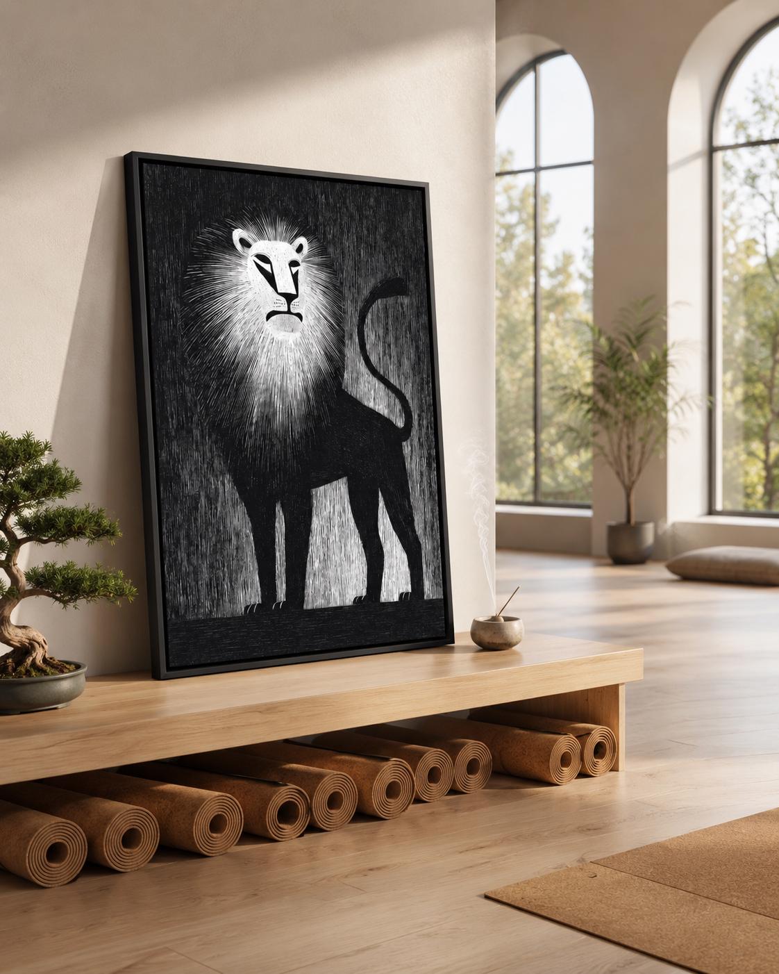 A person standing beside a framed black and white lion artwork in a modern interior